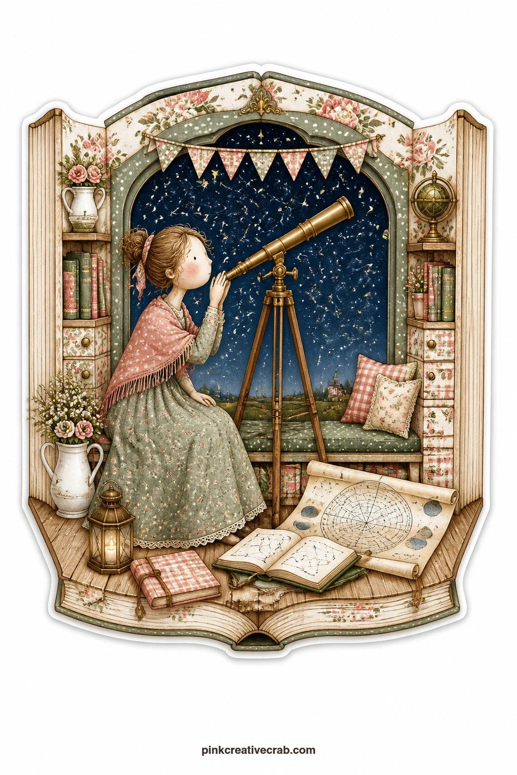 The Brass Telescope Sky printable page — Leaning toward a brass telescope, a young woman studies the night sky, constellations charted faintly across the page