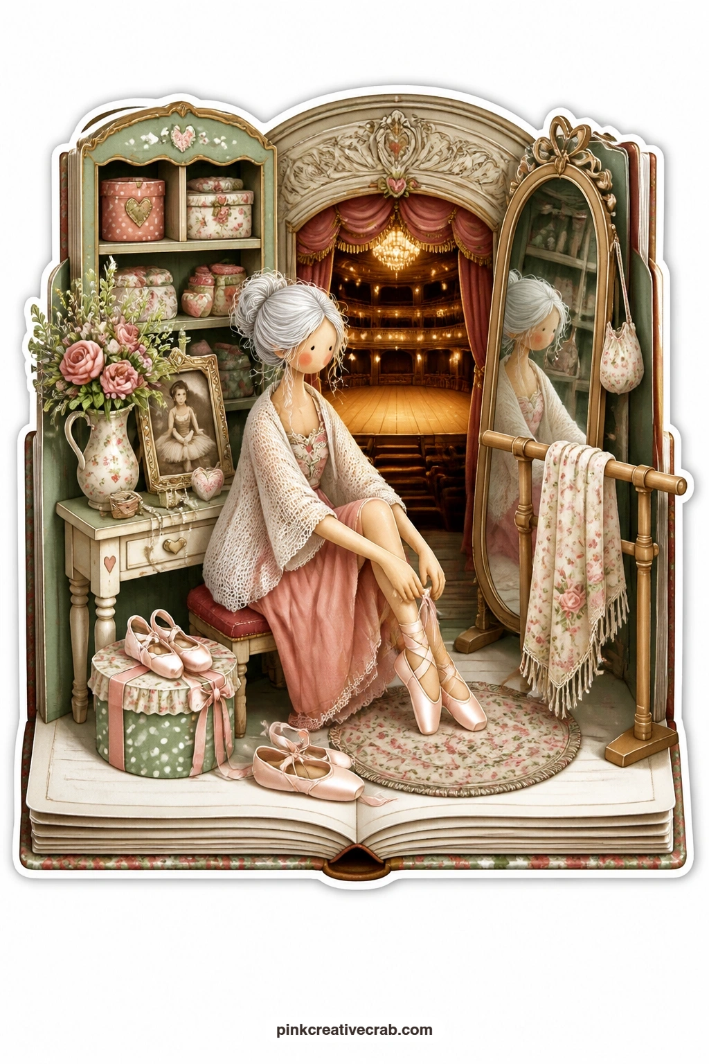 The Ballet Shoe Mirror printable page — Lacing her pointe shoes before a tall mirror, an elderly former ballerina pauses, a theater stage glowing faintly