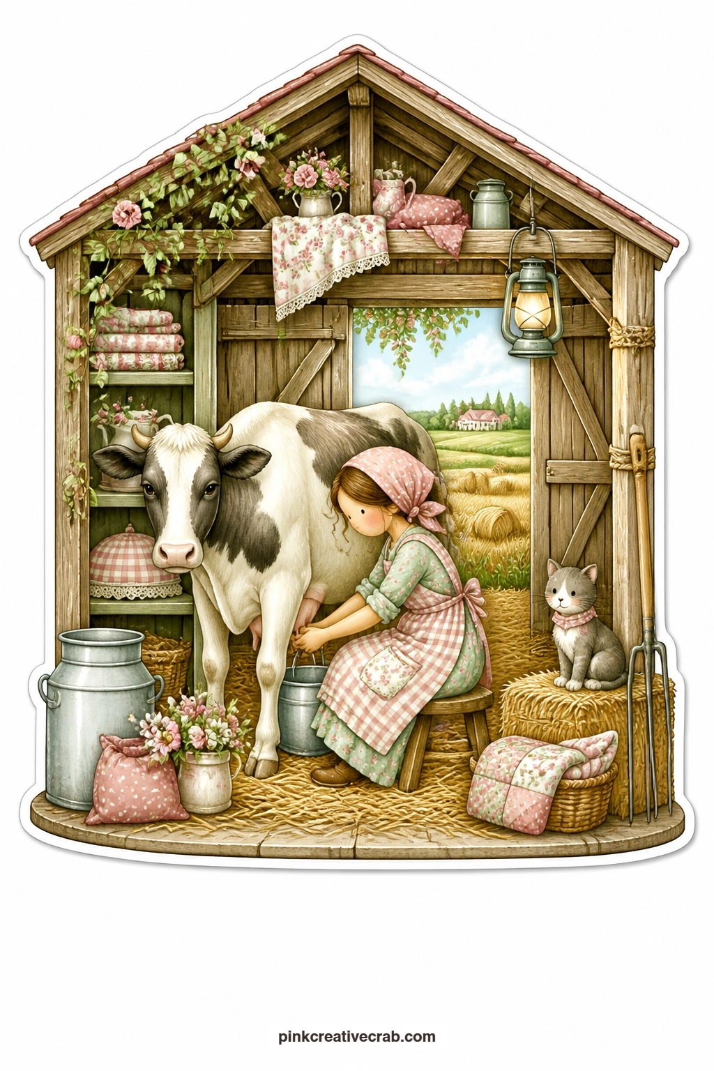The Barn Milking Stool printable page — Settled on a low stool, a young woman milks a cow in a quiet barn, hay fields stretching out behind the open doors.