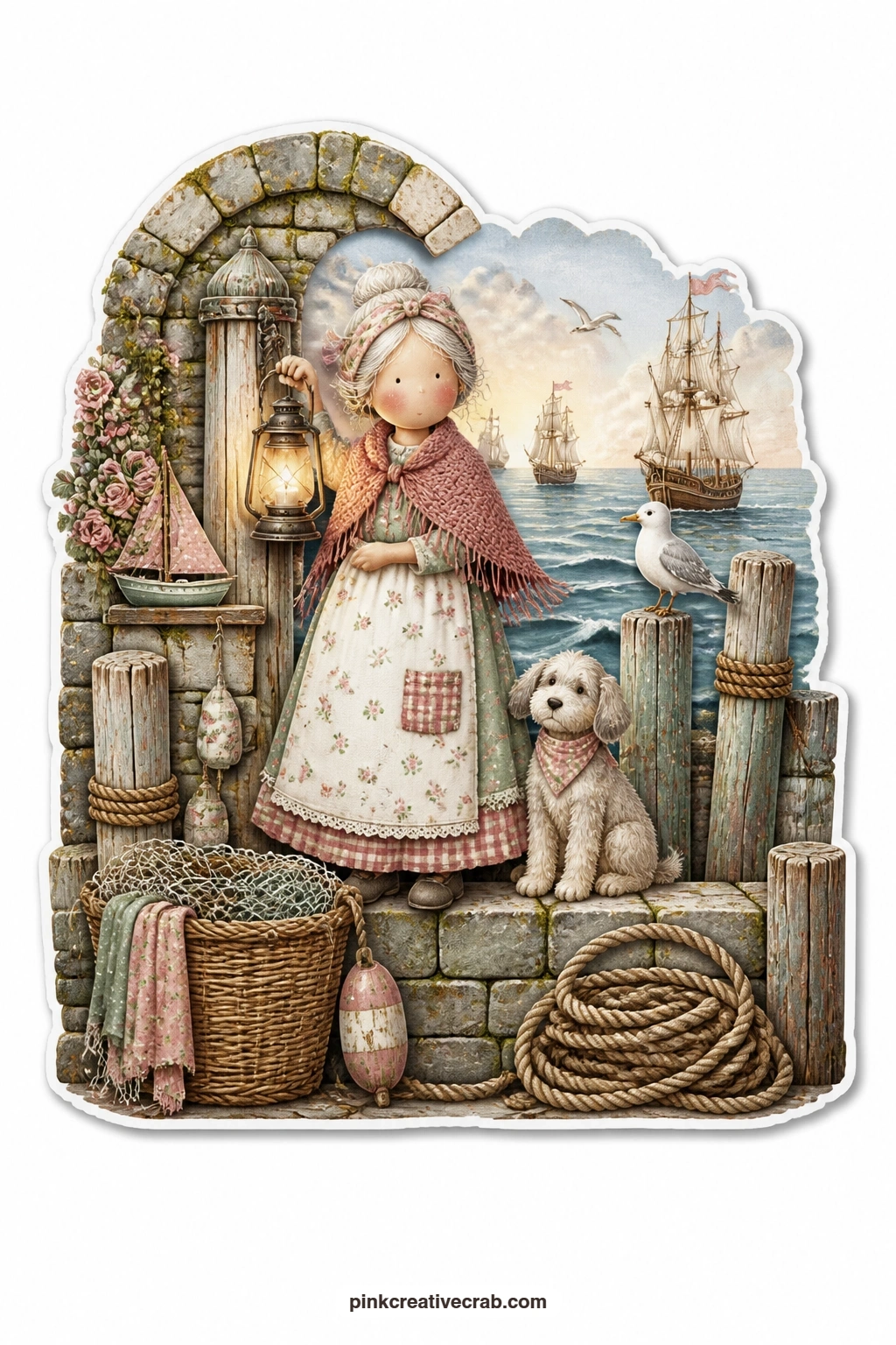 The Harbor Lantern Wall printable page — Lantern raised against the dusk, an elderly woman waits on the harbor wall, small ships drifting home across the water