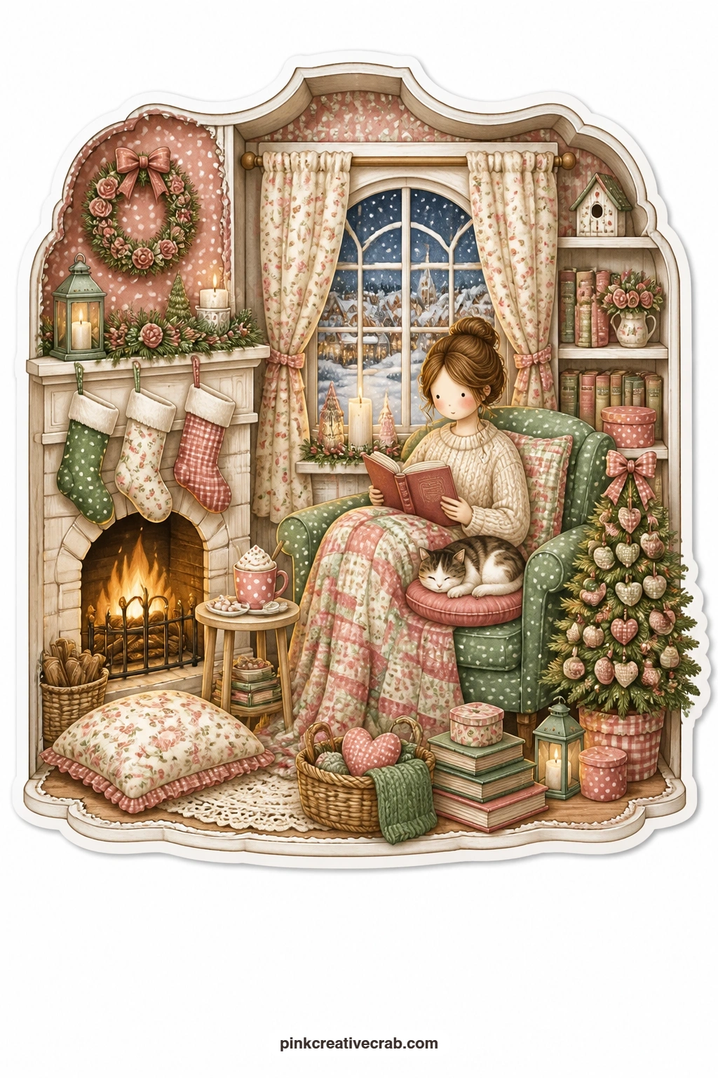 The Fireside Christmas Read printable page — Book open on her lap, a young woman reads by a crackling fire with her cat curled beside her, a snowy village