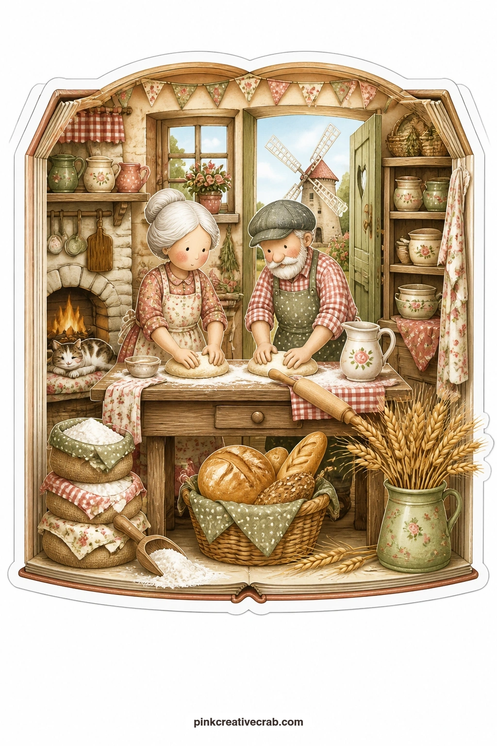 The Windmill Bread Table printable page — Flour dusted and sleeves rolled, an elderly couple knead dough together at a mill table, a windmill turning slowly