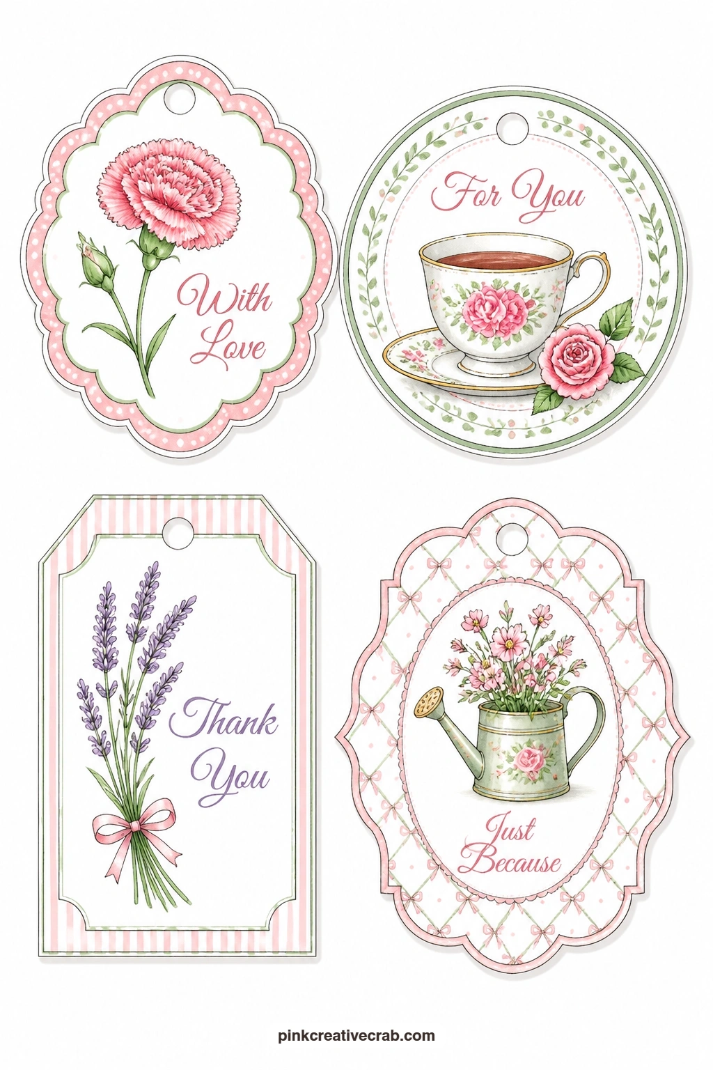 Carnation and Teacup Gift Tags printable page — Starting the set off is a trio built for a first gift: a scalloped tag with a pink carnation reading 'With