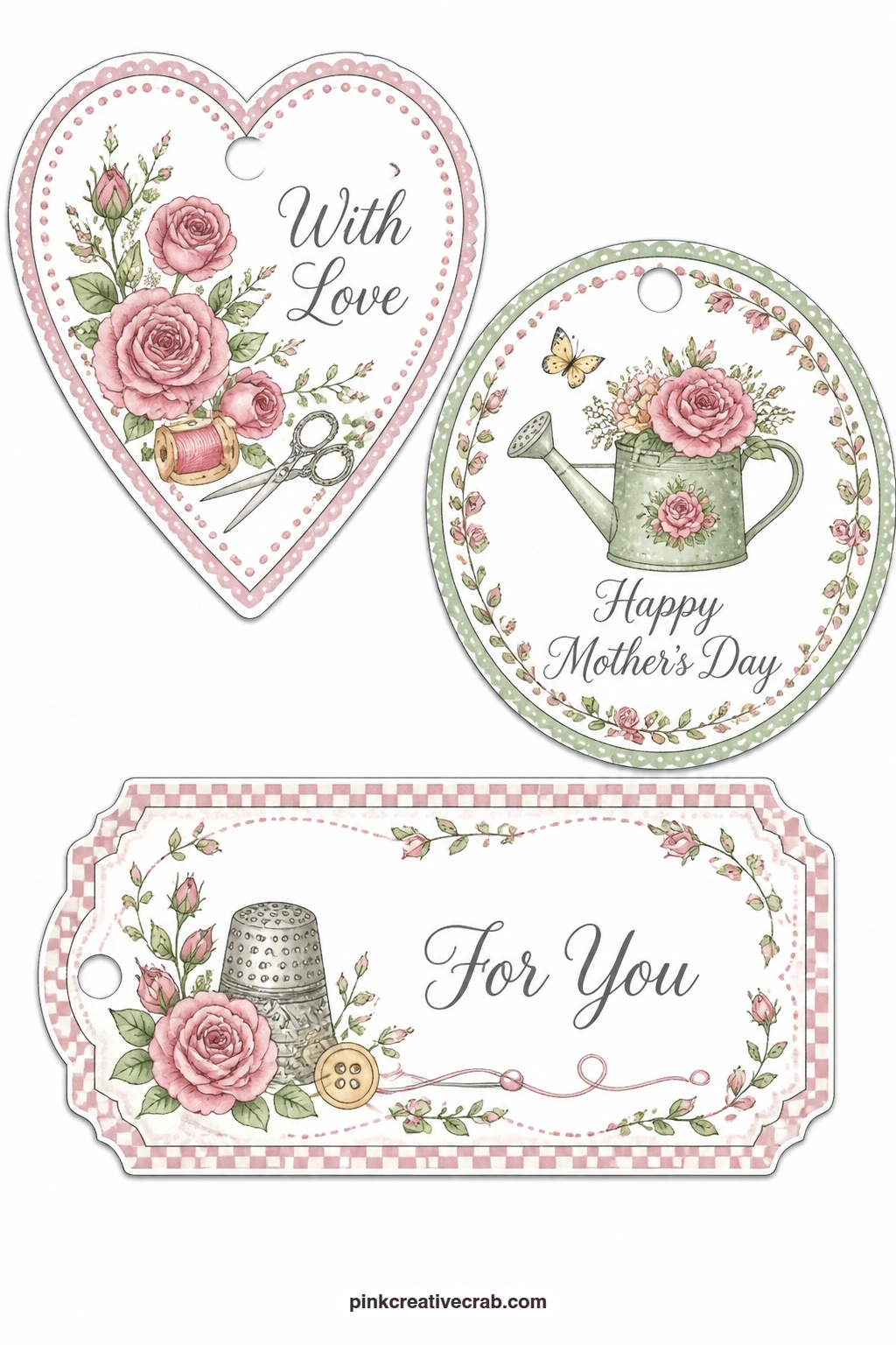 Roses and Sewing Notions printable page — Roses, a watering can and a sewing thimble share one sheet: a heart-shaped tag with roses ('With Love'), a round tag