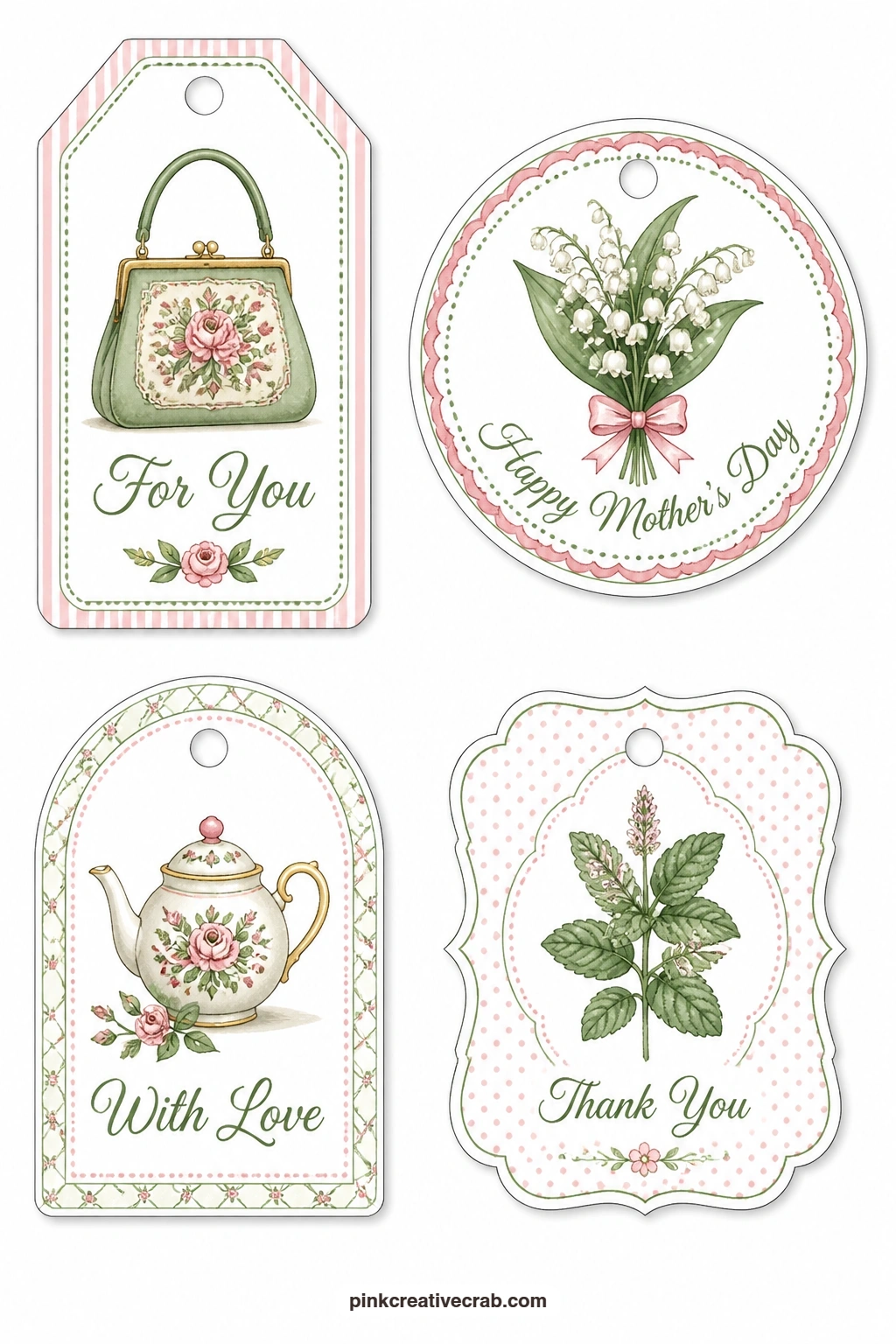 Handbag, Teapot and Mint printable page — This one leans into the things she keeps on a dressing table or a tea tray: a luggage tag with a vintage handbag
