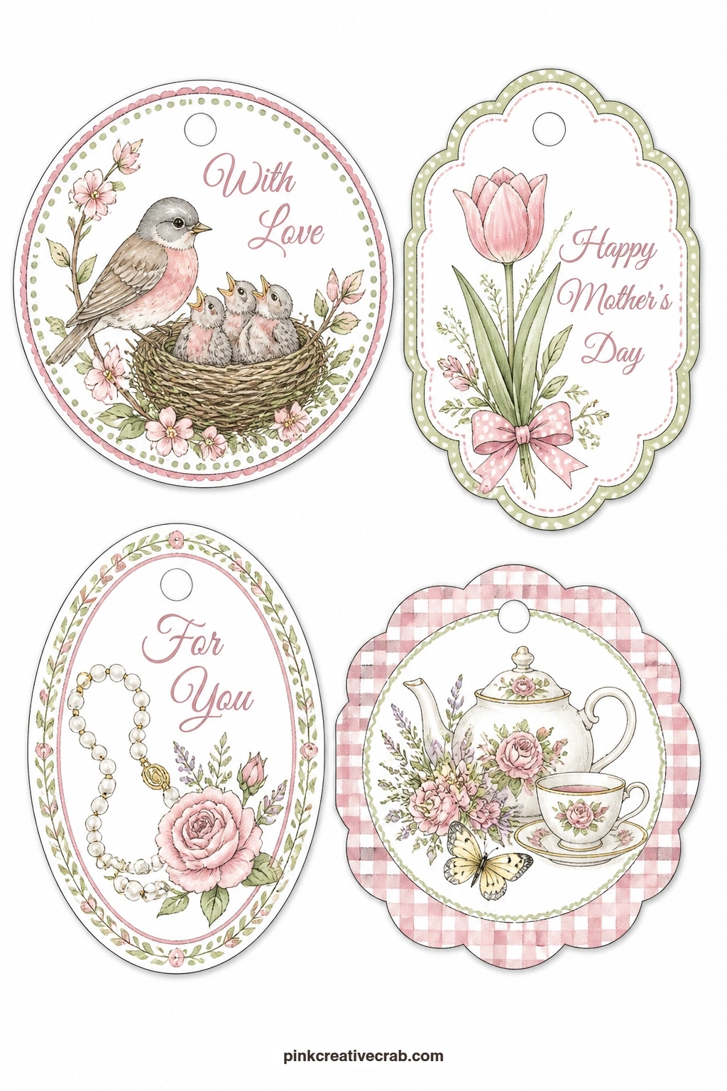 Mother Bird and Pearls printable page — Tender and a little sentimental, this sheet gives you a round tag with a mother bird and chicks in a nest ('With