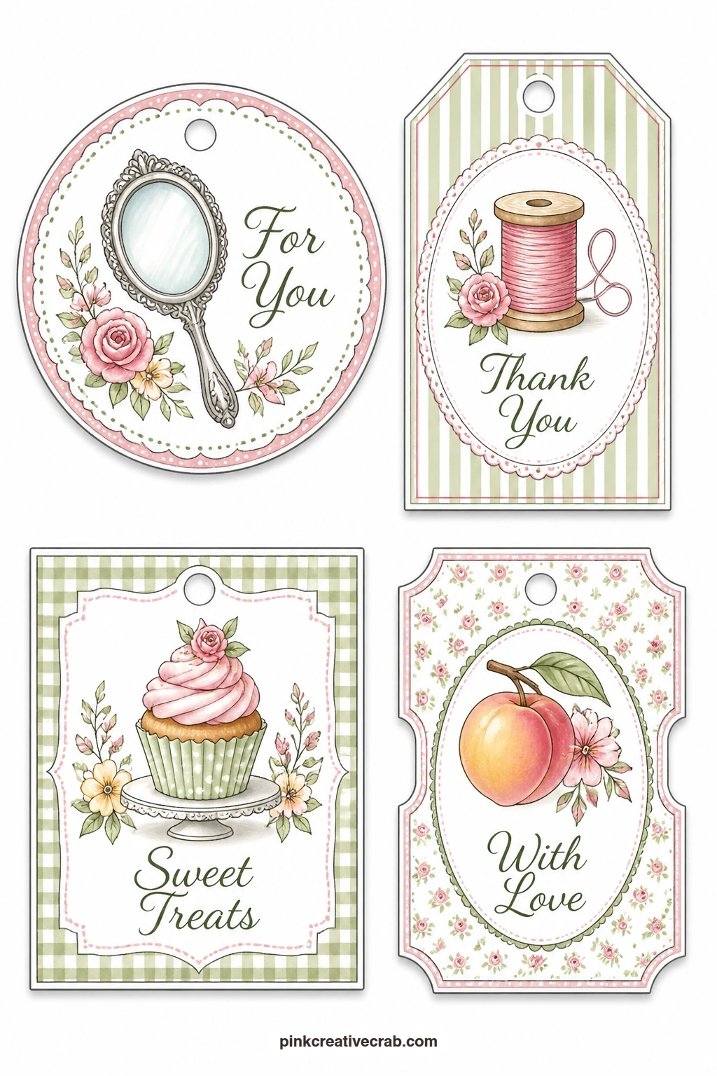 Mirror, Thread and Cupcake printable page — A hand mirror, a spool of thread, a cupcake and a ripe peach make an unexpected but charming set: a round tag ('For