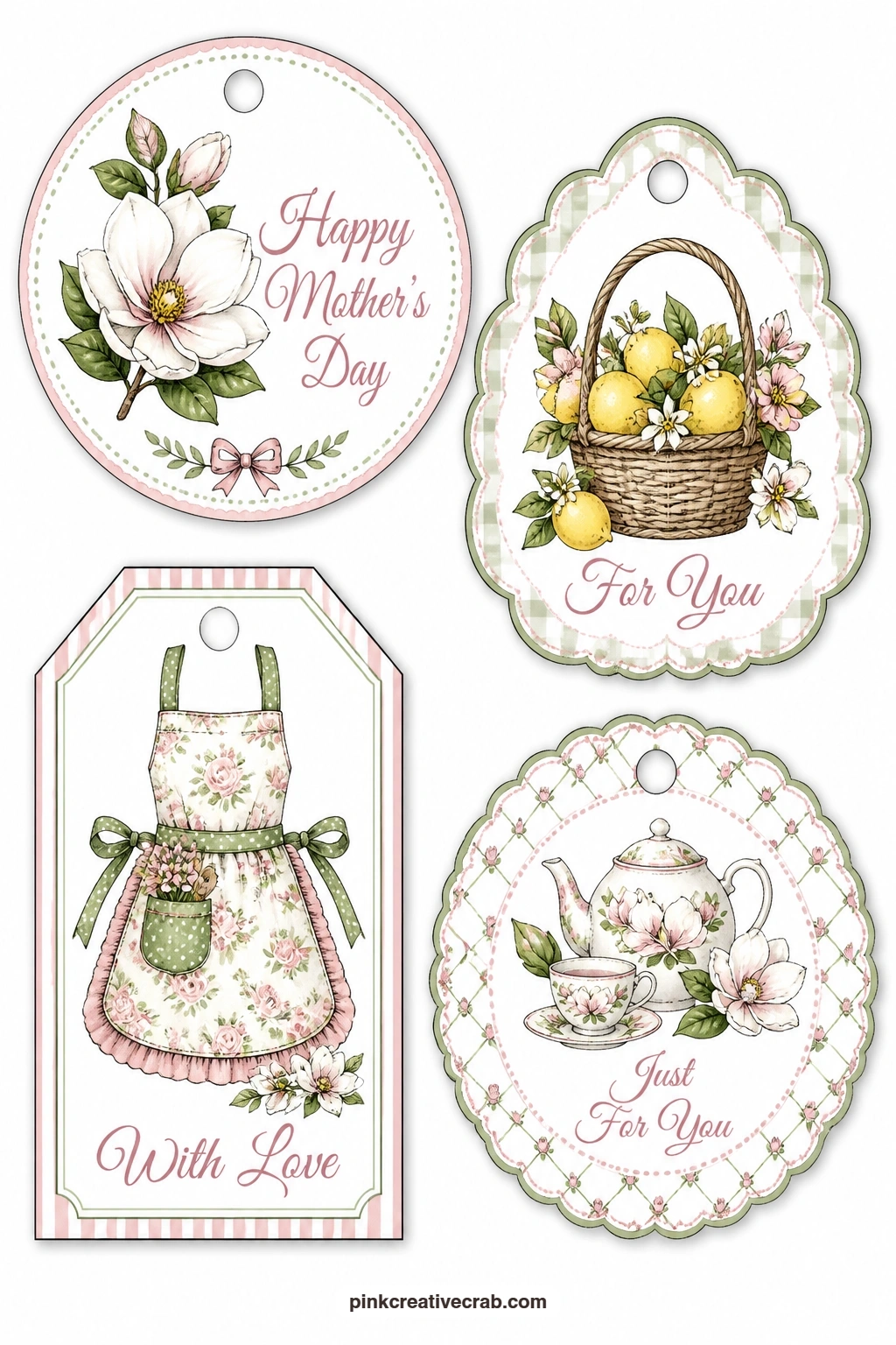 Magnolia and Lemons printable page — Magnolia, a basket of lemons and a floral apron bring a sunny kitchen feel to this sheet: a round tag with a magnolia