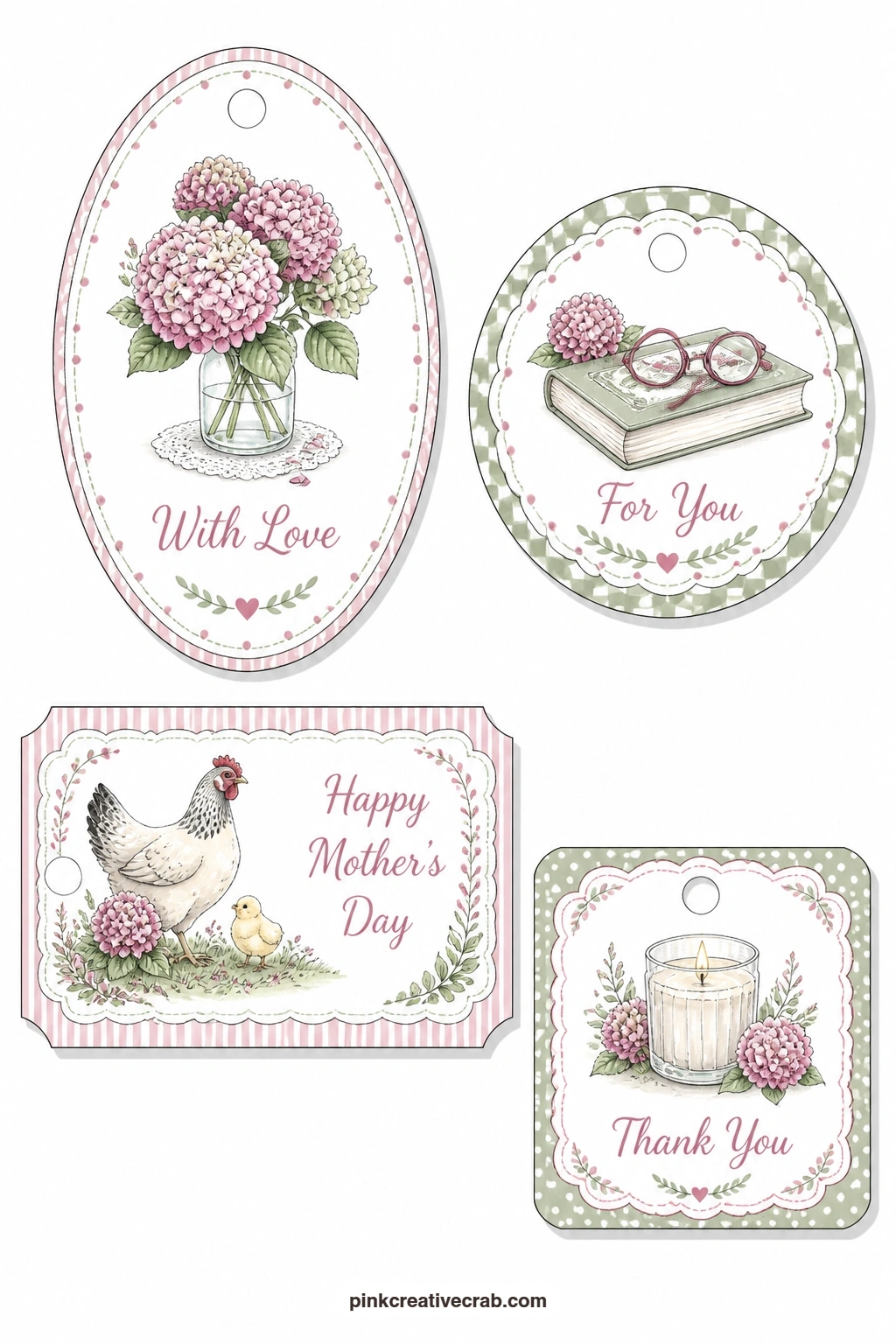 Hydrangea and Reading Glasses printable page — For a mother who loves a slow afternoon, this sheet holds an oval tag with a hydrangea in a vase ('With Love')