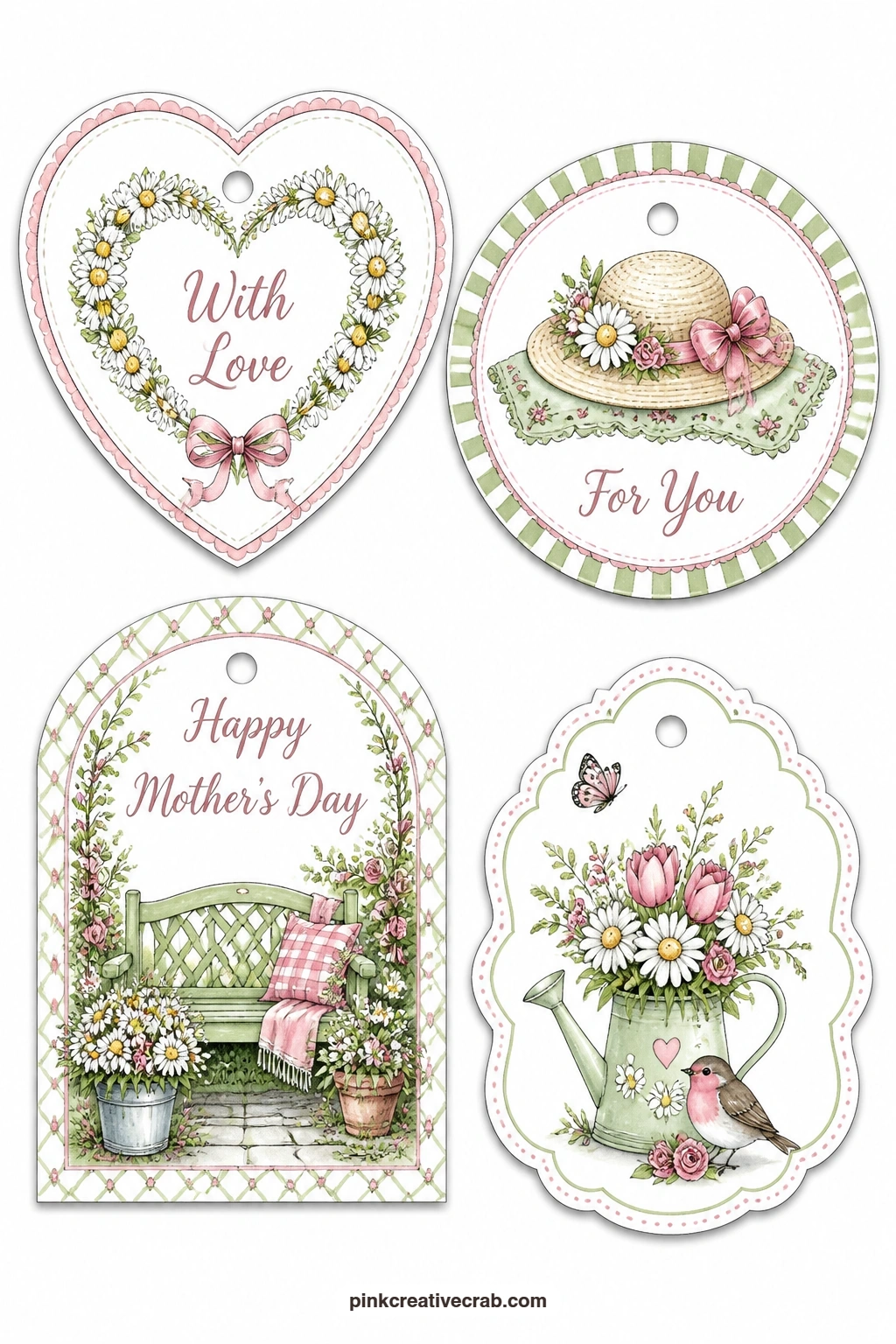 Daisy Chain and Garden Bench printable page — A daisy chain, a sun hat and a garden bench suit a gift tied to time outdoors: a heart-shaped tag ('With Love')