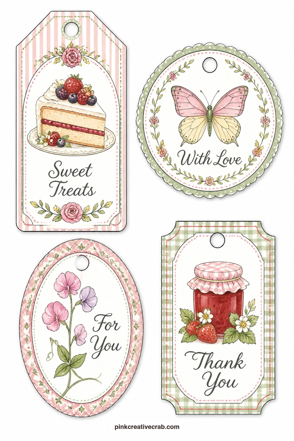 Cake, Butterfly and Jam Jar printable page — Berries, a butterfly, a sweet pea flower and a jam jar bring together four small pleasures on one sheet: a luggage