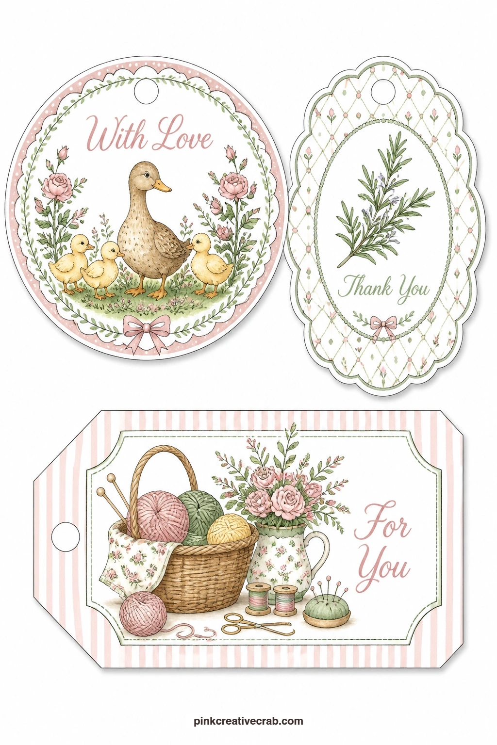 Duck Family and Rosemary printable page — Soft and homely, this sheet gives you a round tag with a mother duck and ducklings ('With Love'), a scalloped tag