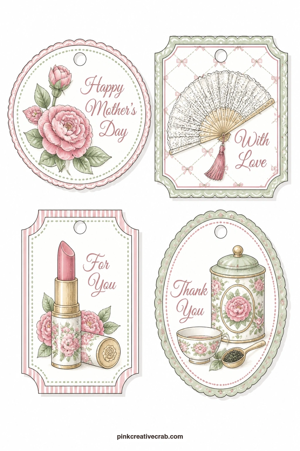 Camellia and Lace Fan printable page — A camellia, a lace fan, a lipstick and a tea tin give this sheet a slightly dressier feel: a round tag ('Happy Mother's