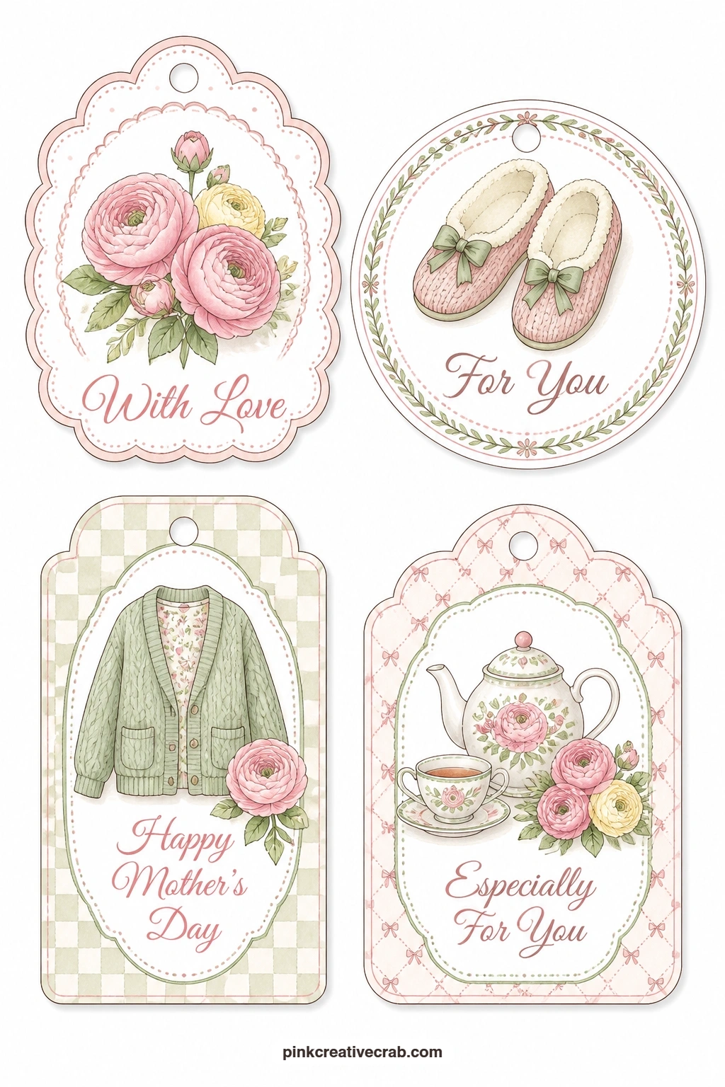 Ranunculus and Cozy Slippers printable page — A ranunculus, a pair of slippers and a cozy cardigan make a soft, comforting set: a scalloped tag ('With Love')