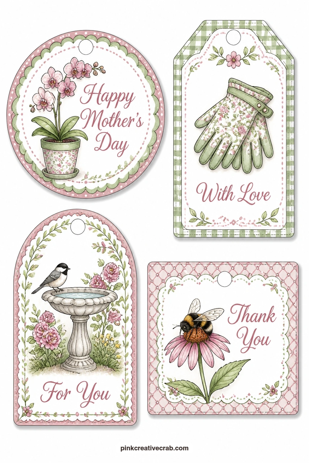 Orchid and Garden Gloves printable page — For the mother who is happiest with soil under her nails, this sheet holds a round tag with an orchid in a pot