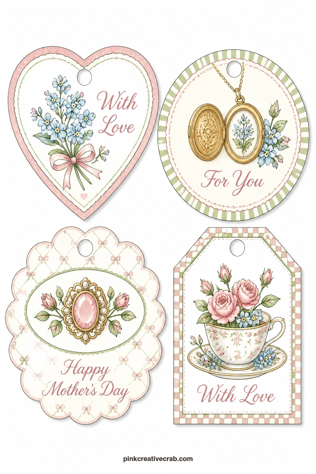 Forget-Me-Not and Vintage Brooch printable page — A forget-me-not, a locket and a vintage brooch make a quietly sentimental trio: a heart-shaped tag ('With