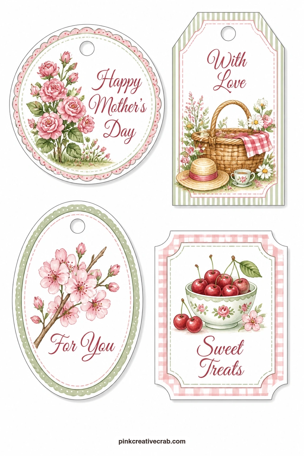 Rose Bush and Picnic Basket printable page — A rose bush, a picnic basket, cherry blossom and a bowl of cherries bring a full garden afternoon onto one sheet