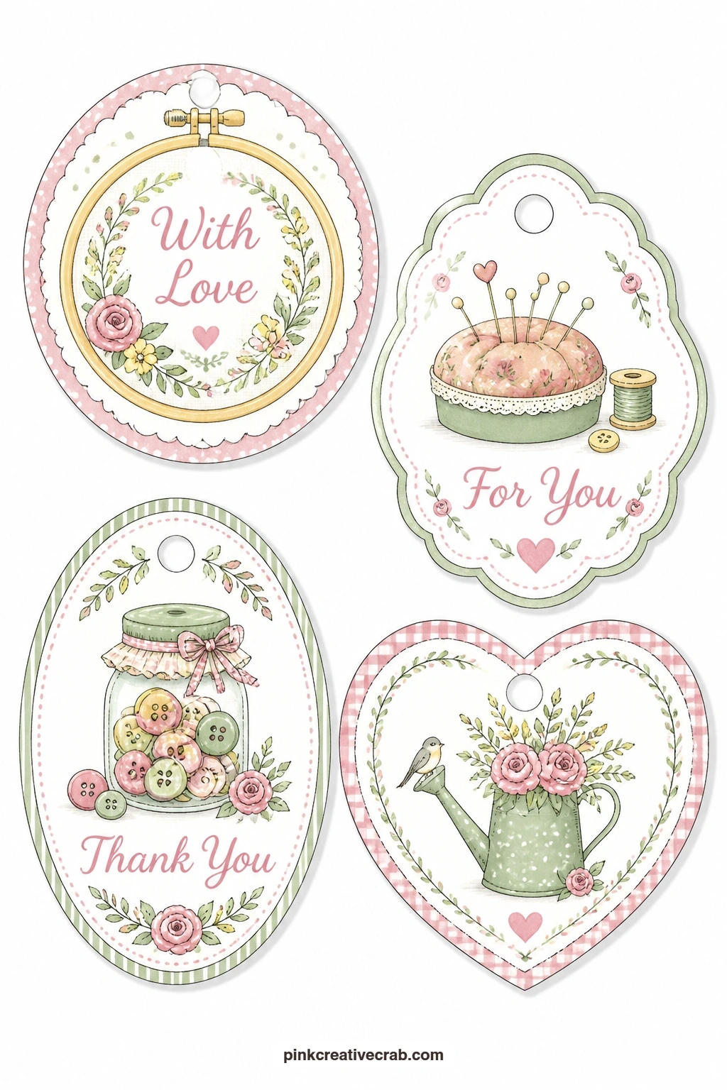 Embroidery Hoop and Button Jar printable page — An embroidery hoop, a pincushion and a button jar suit a gift for anyone who sews: a round tag ('With Love'), a