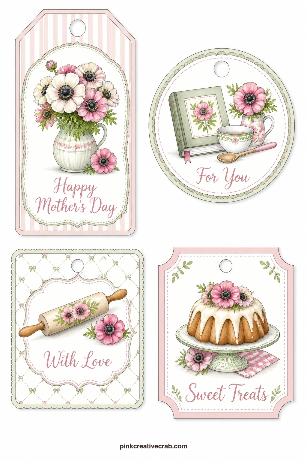 Anemones and Bundt Cake printable page — A vase of anemones, a cookbook, a rolling pin and a bundt cake round out the baking side of the set: a luggage tag