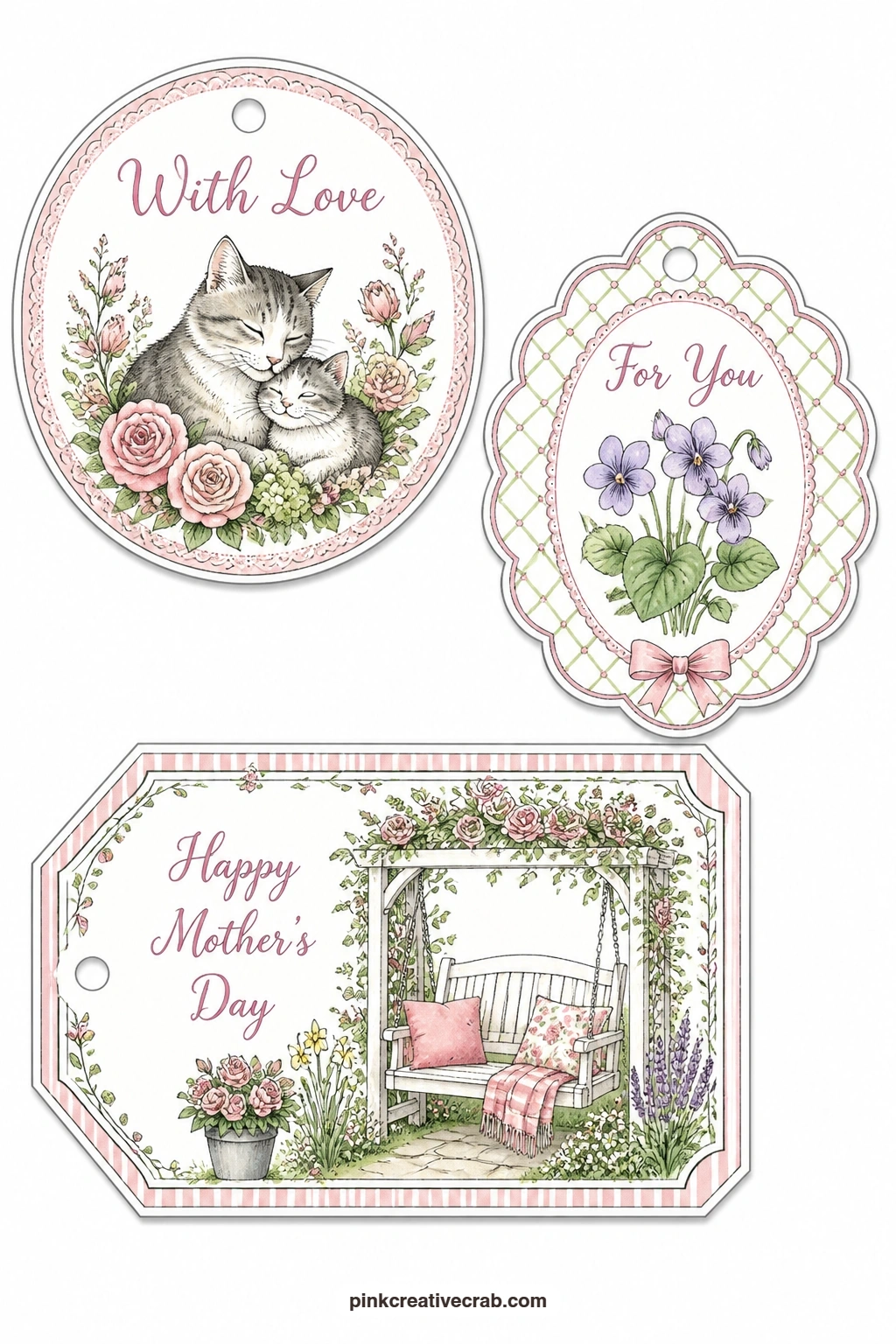 Mother Cat and Garden Swing printable page — A mother cat and kitten, a violet and a garden swing make a gentle trio for a grandmother who loves pets and