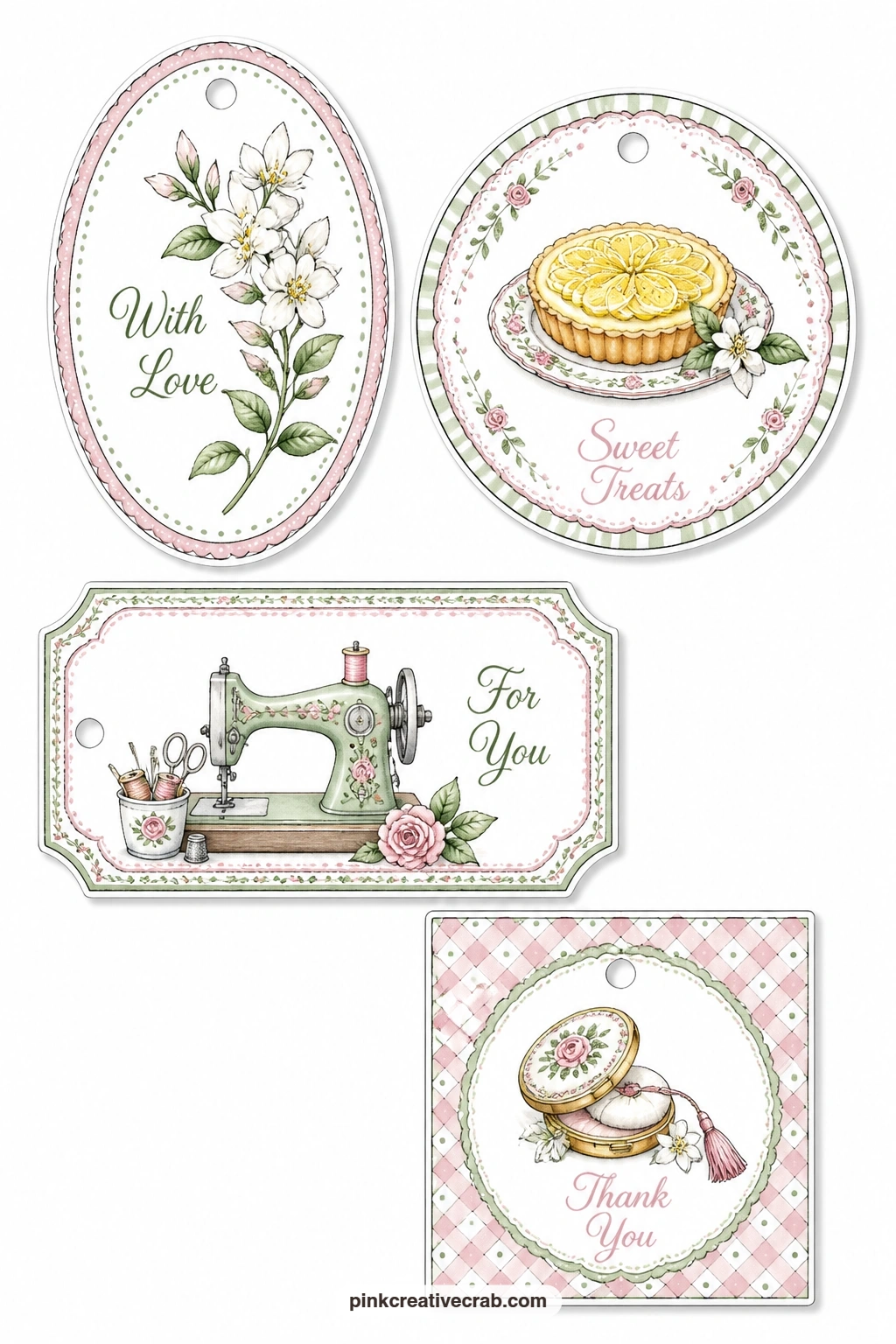 Jasmine and Sewing Machine printable page — A jasmine sprig, a lemon tart, a sewing machine and a powder compact give this sheet real variety: an oval tag
