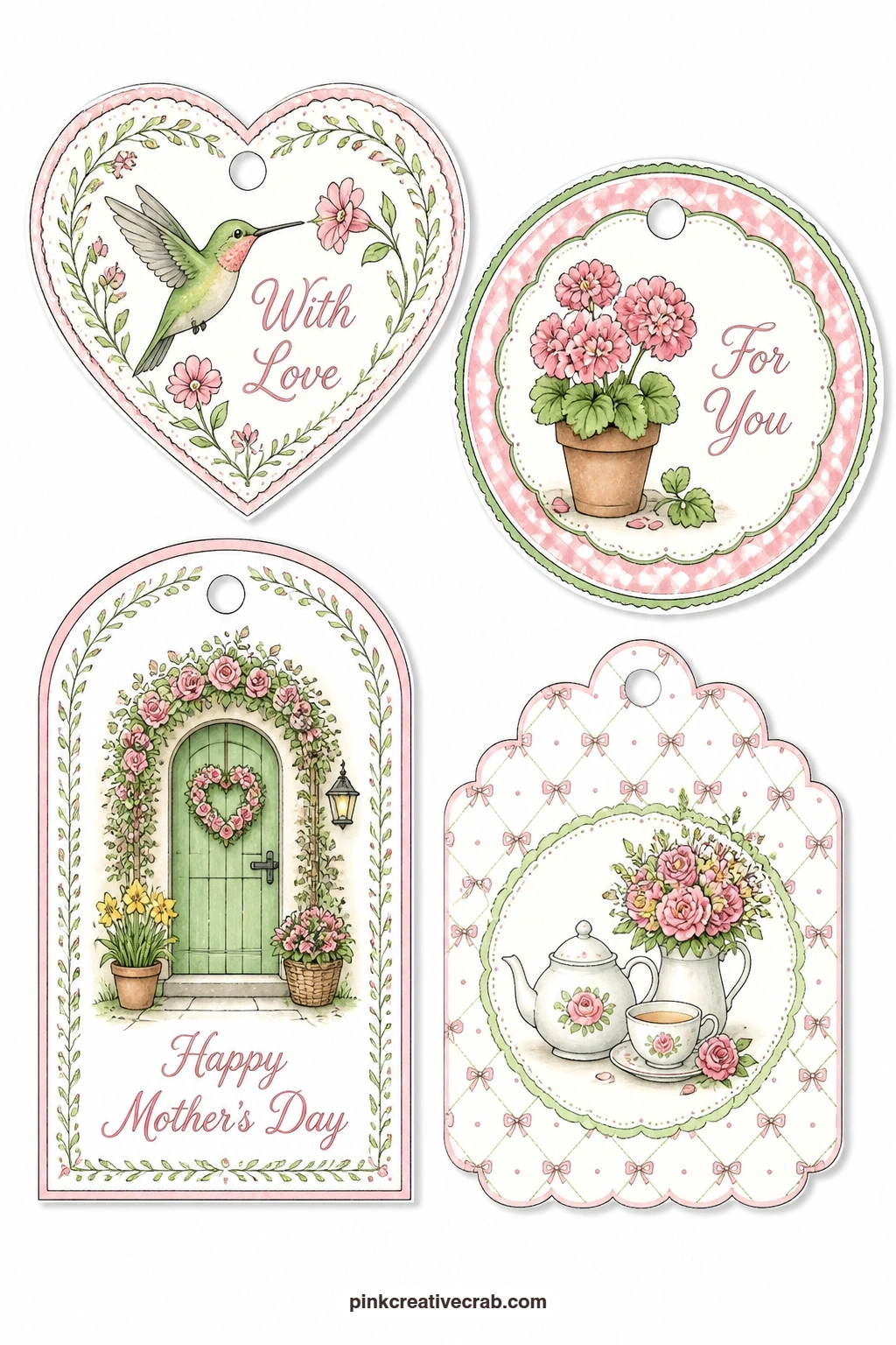 Hummingbird and Cottage Door printable page — A hummingbird, a geranium pot and a cottage door with flowers close the garden theme on a warm note: a