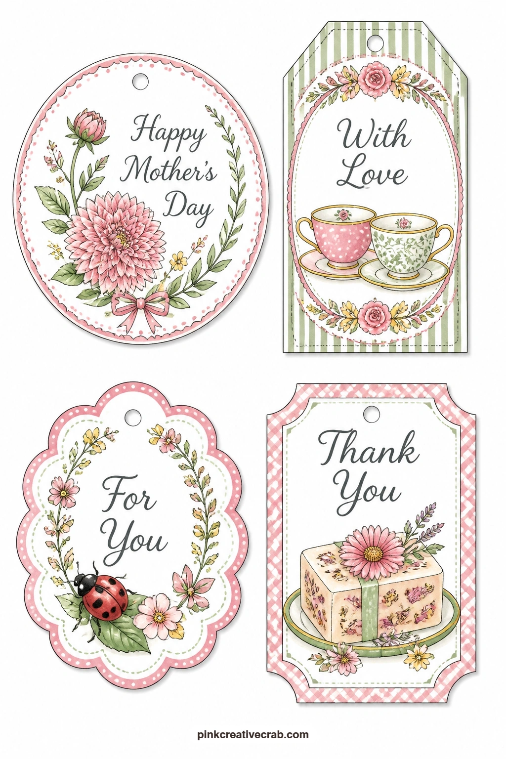 Dahlia and Flower Soap printable page — The last sheet in the set brings everything home with a round tag with a dahlia ('Happy Mother's Day'), a luggage tag