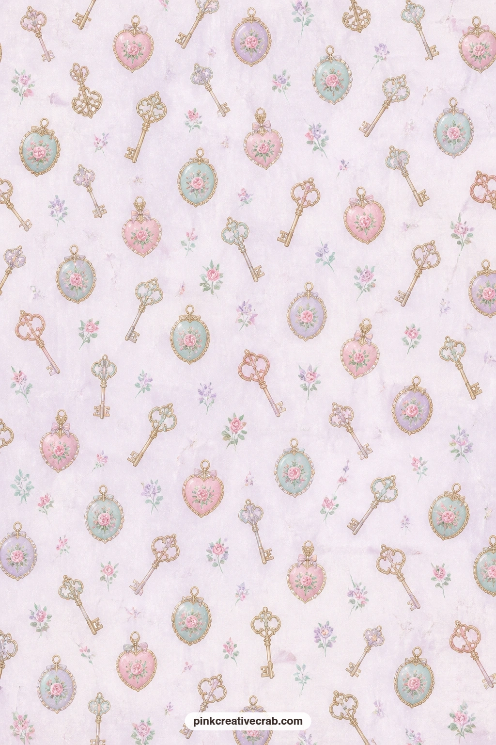 Lockets and Keys Paper printable page — Tiny lockets and keys scattered on pale lilac pair well with the Lace Trim Rows Paper for a layered keepsake spread.