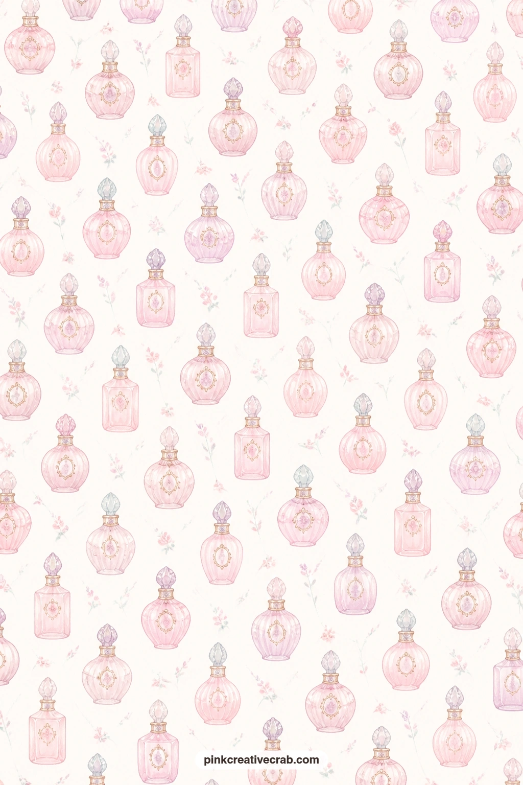 Pink Perfume Bottles Paper printable page — Pink perfume bottles scattered on white make a pretty journal page base under a photo, or line the inside of a