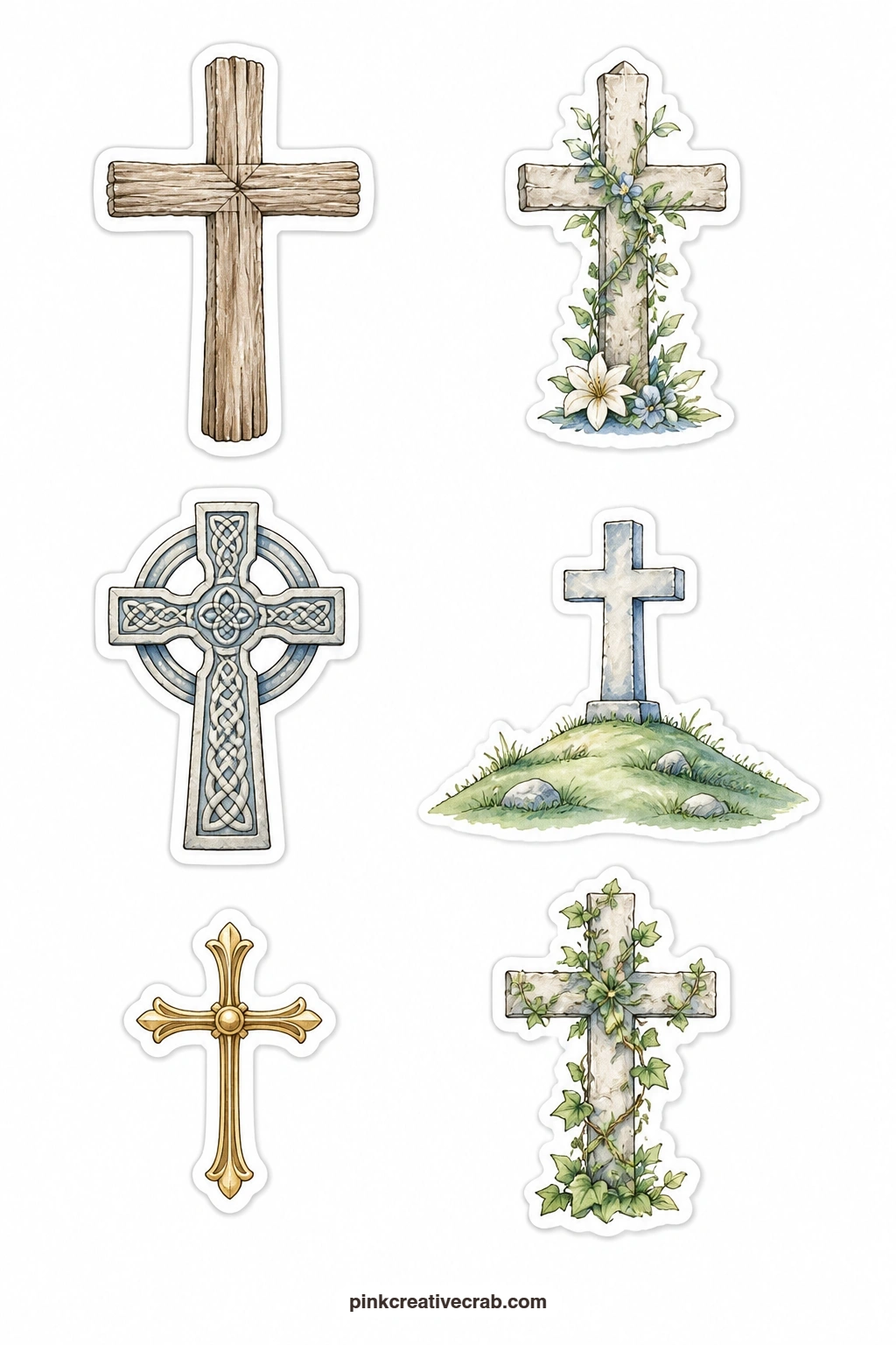 Cross Stickers printable page — Six crosses sit on one sheet: a wooden cross, a cross with flowers twined round the base, a Celtic cross, a cross on a hill, a