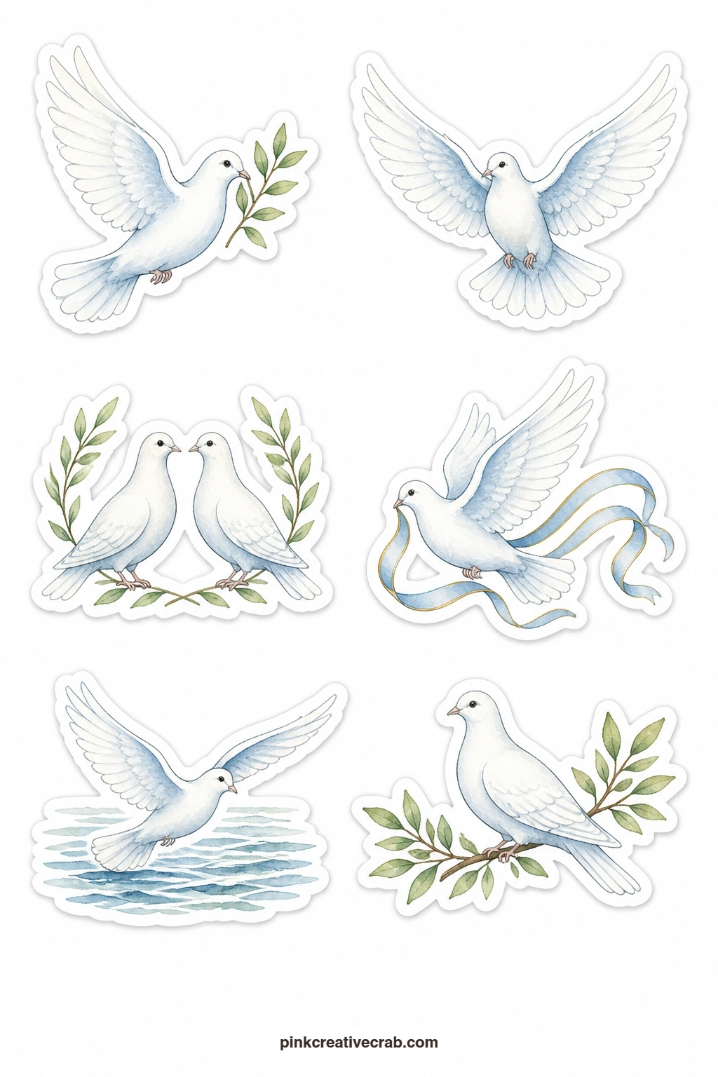 Dove Stickers printable page — Six doves fill this sheet: one carrying an olive branch, one in flight, a pair of doves together, a dove with a trailing ribbon