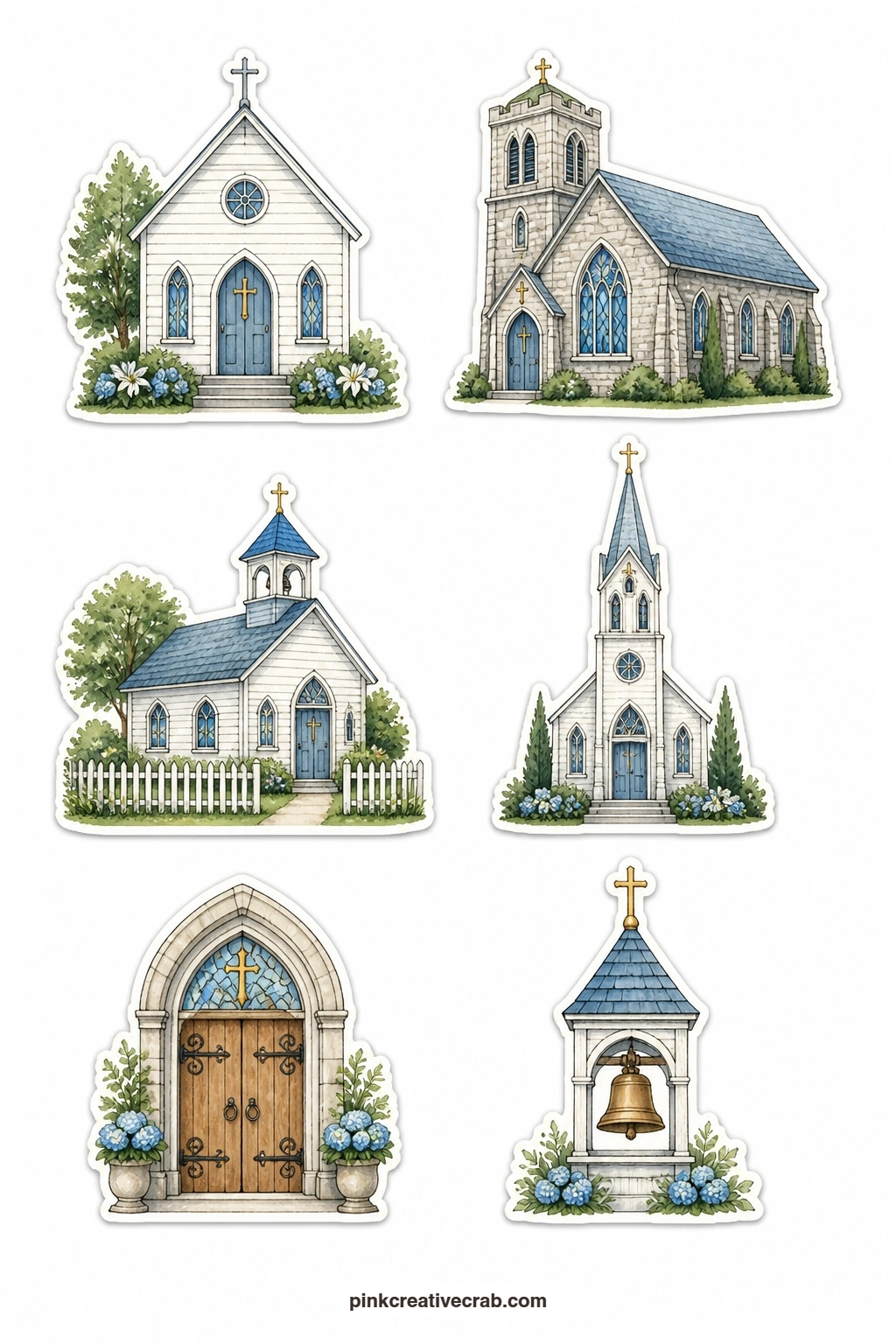 Church Building Stickers printable page — This sheet holds six small buildings: a white chapel, a stone church, a country church with a fence, a tall steeple