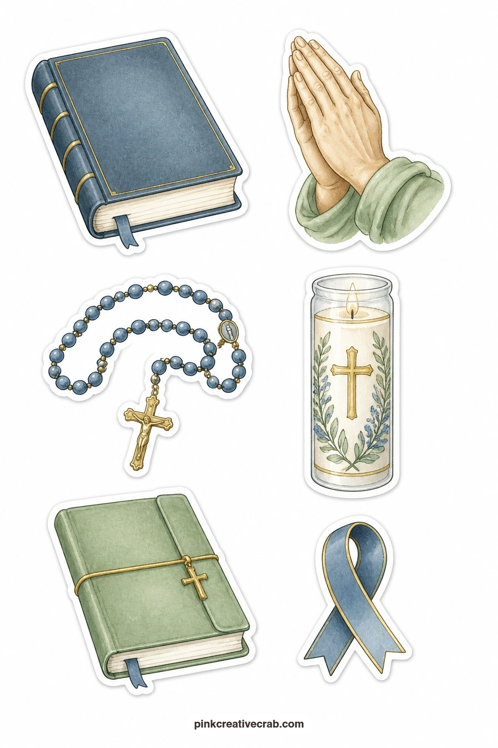 Bible And Prayer Stickers printable page — Six quiet objects sit together here: a Bible with a blank cover, a pair of praying hands, a rosary, a lit prayer