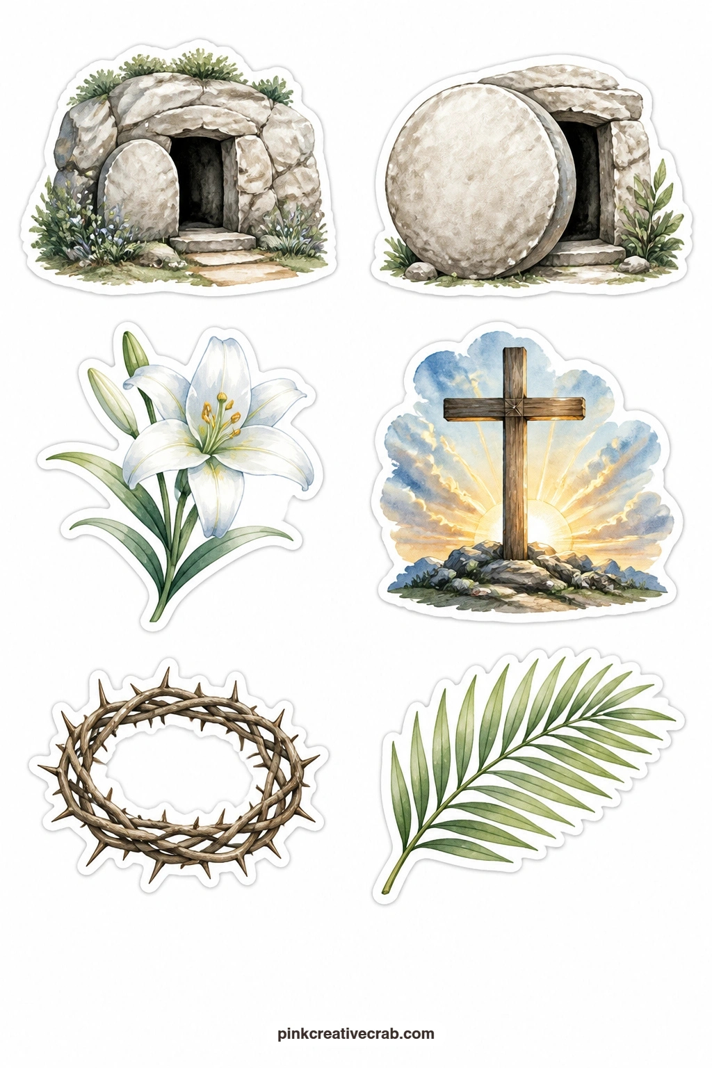 Easter Stickers printable page — Six Easter pieces share this sheet: an empty tomb, the stone rolled away, an Easter lily, a cross at sunrise, a crown of
