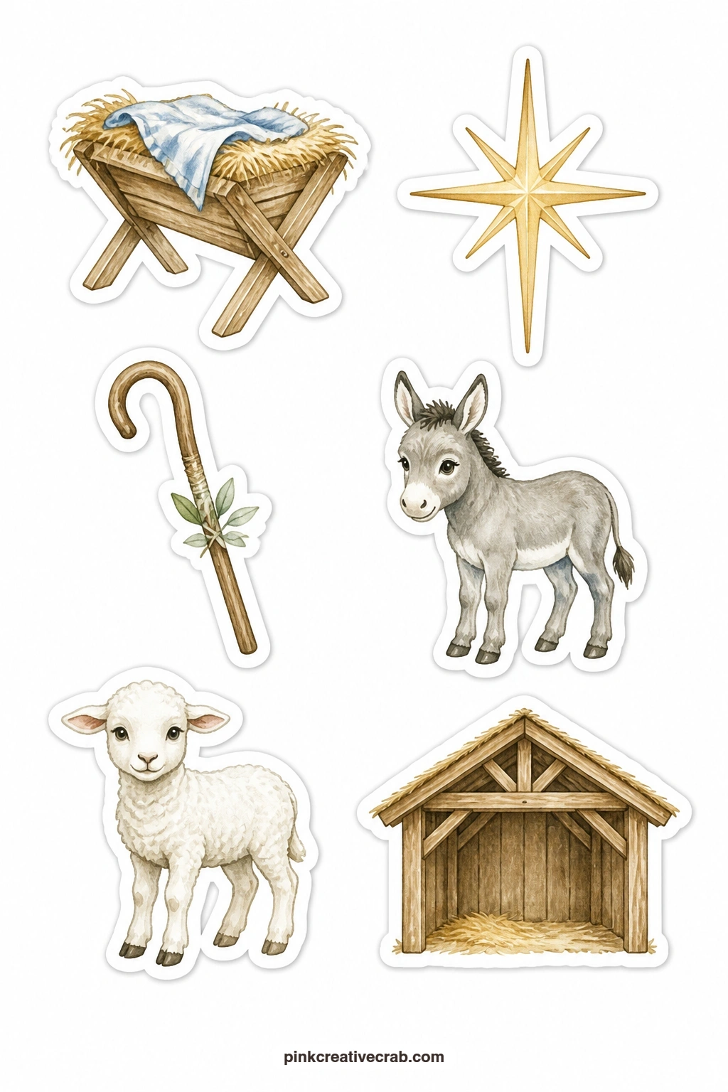 Nativity Stickers printable page — Six nativity pieces complete this sheet: a manger, the star of Bethlehem, a shepherd's crook, a small donkey, a lamb and a