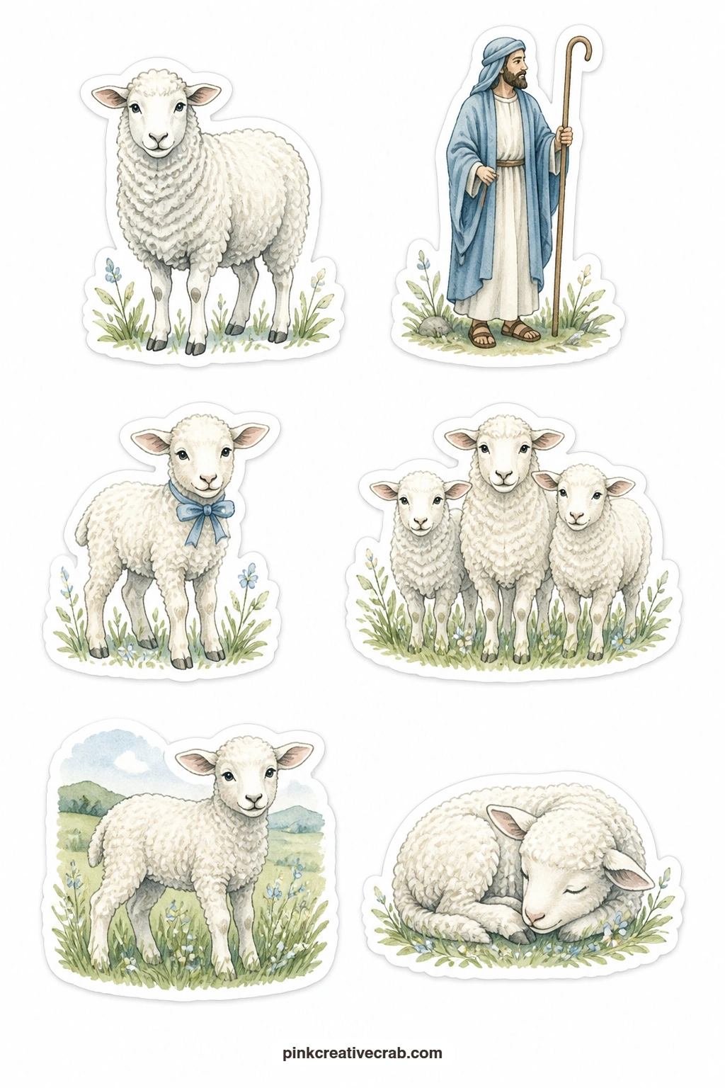 Lamb And Sheep Stickers printable page — Six gentle creatures fill this sheet: a sheep, a shepherd, a lamb wearing a small ribbon, a flock of three, a lamb