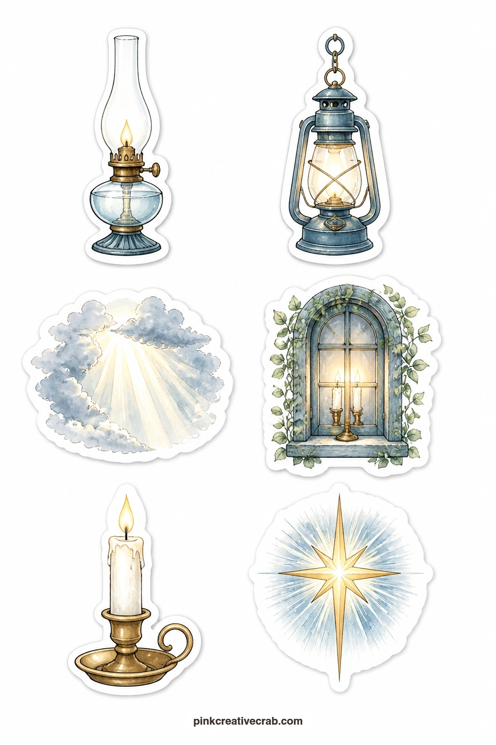 Light Stickers printable page — Six small lights sit on this sheet: an oil lamp, a hanging lantern, a sunbeam, a candle glowing in a window, a single lit