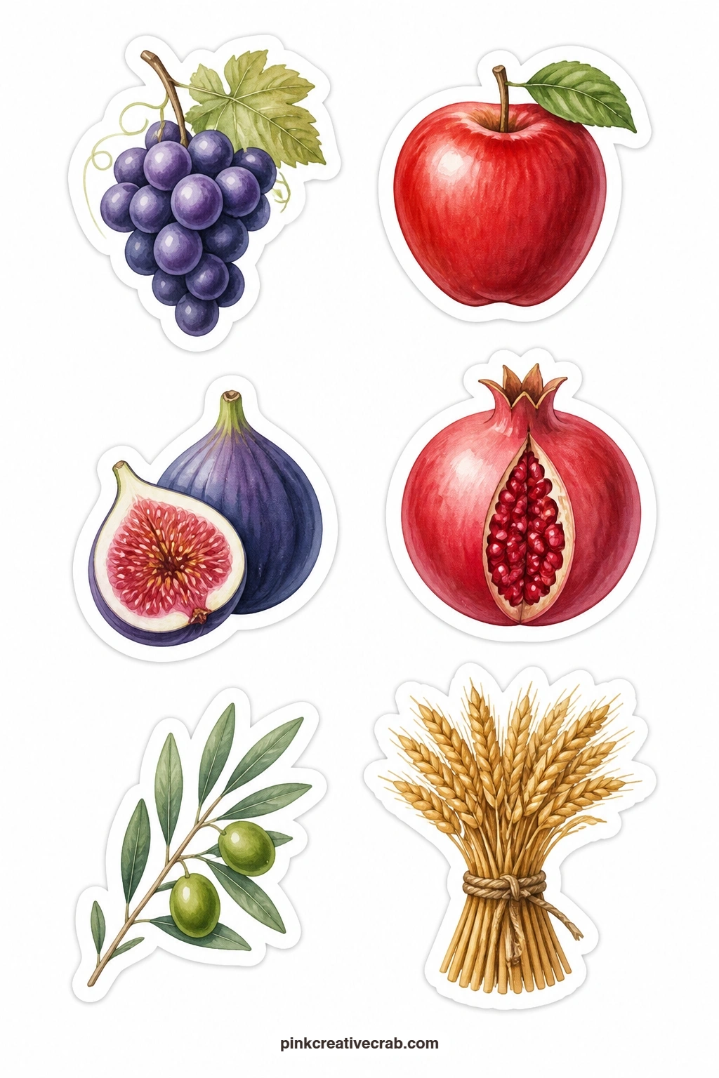 Fruits Of The Spirit Stickers printable page — Six small harvest pieces appear on this sheet: a grape cluster, an apple, a fig, a pomegranate cut open