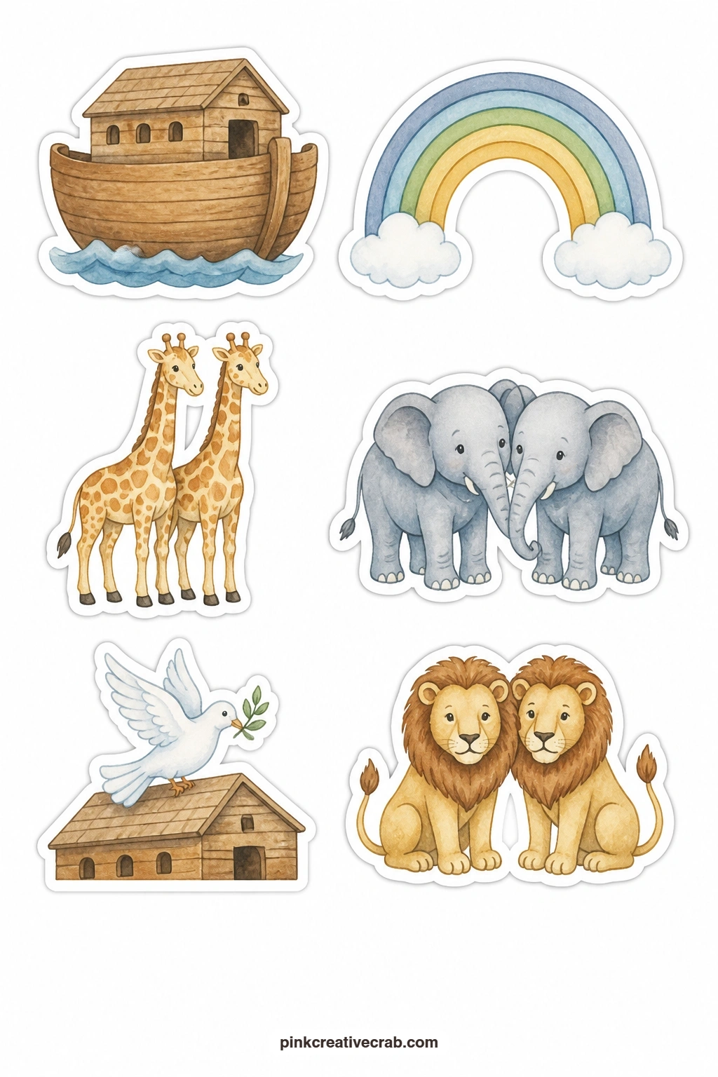 Noah's Ark Stickers printable page — Six ark pieces fill this sheet: the ark itself, a rainbow, a pair of giraffes, a pair of elephants, a dove landing on the