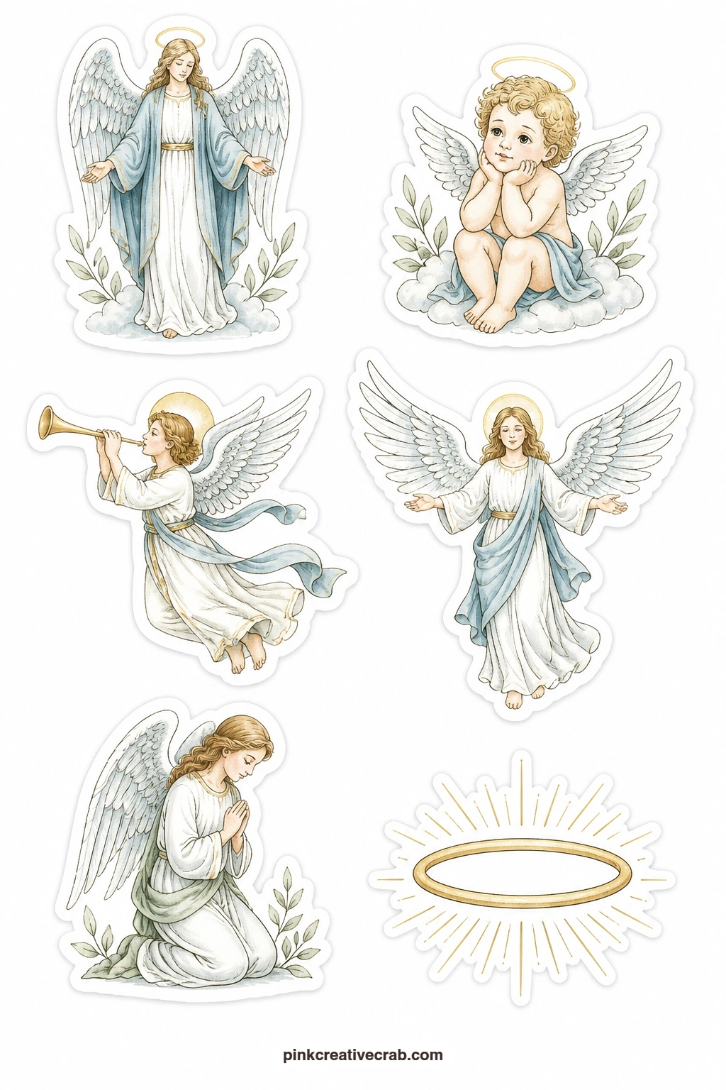 Angel Stickers printable page — Six angels share this sheet: a guardian angel, a small cherub, an angel with a trumpet, an angel with wings spread wide, an
