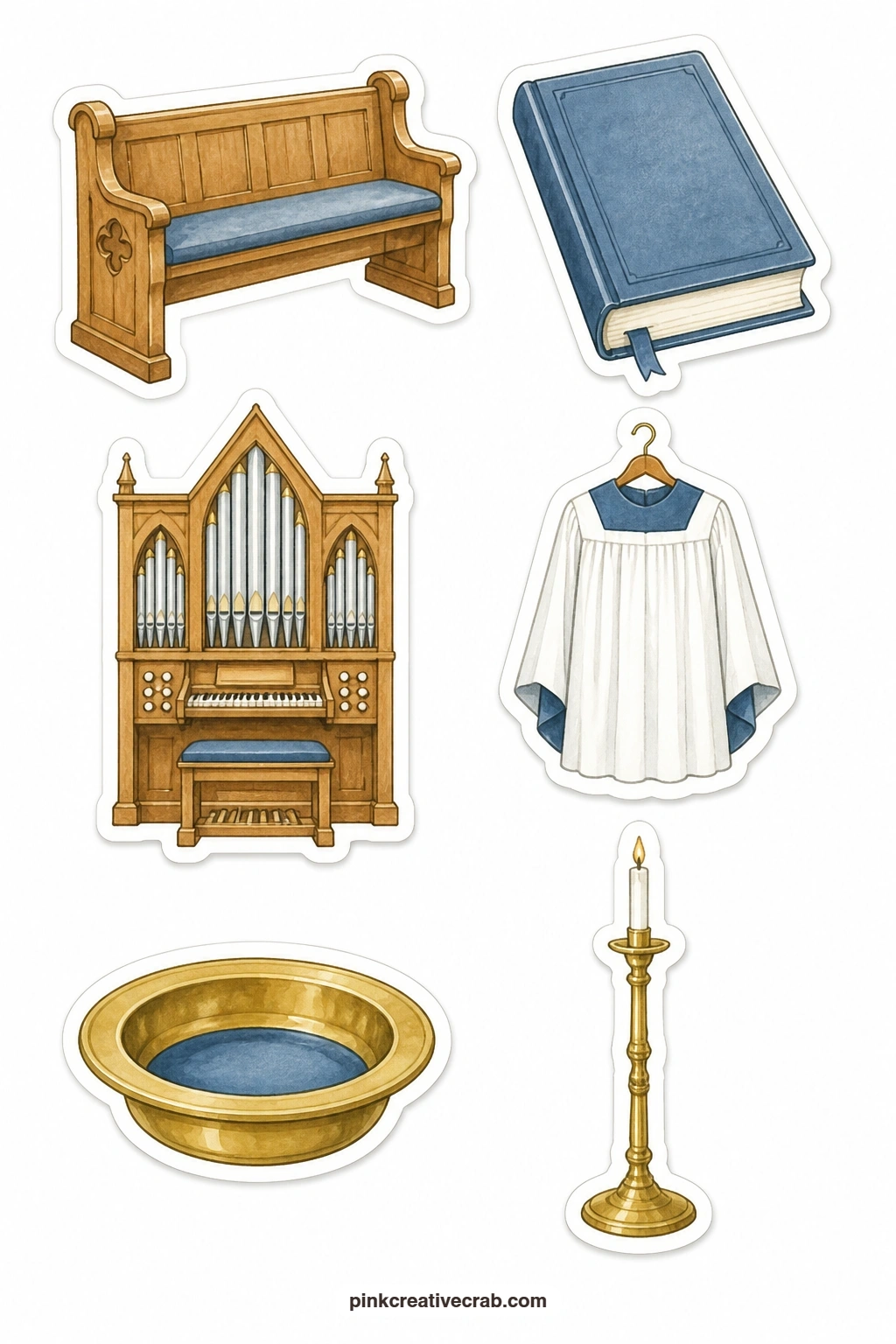 Church Pews And Hymns Stickers printable page — Six quiet church objects sit here: a wooden pew, a hymnal with a blank cover, a small organ, a choir robe, a