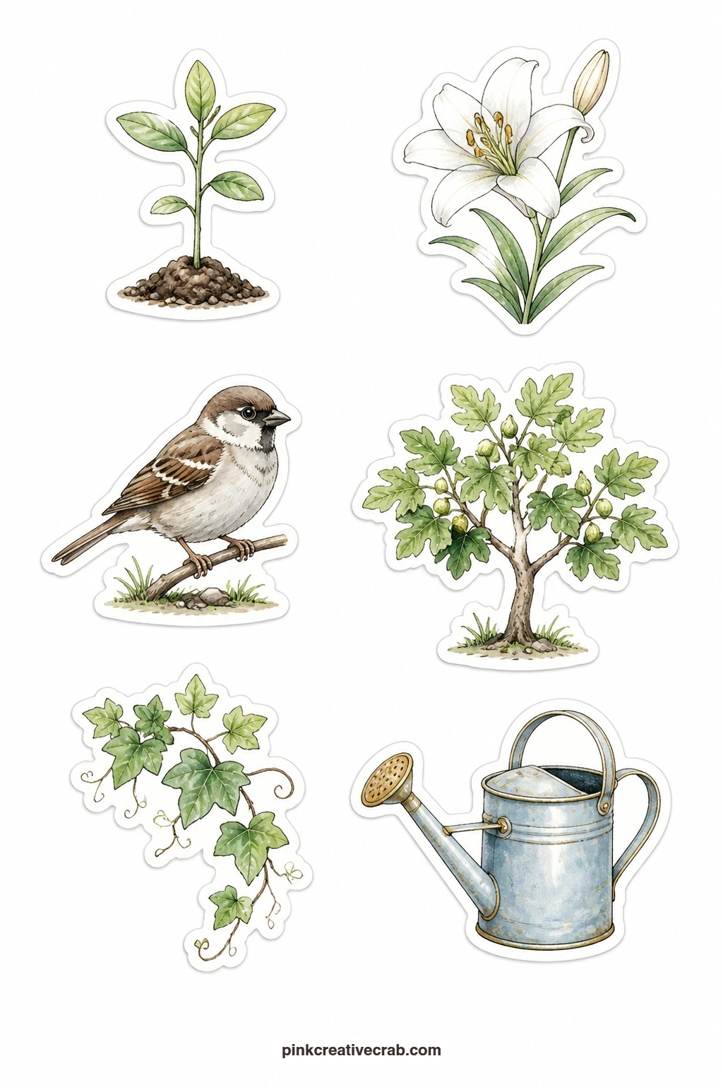 Garden Of Faith Stickers printable page — Six small growing things make up this sheet: a mustard seed plant, a lily of the field, a sparrow, a fig tree, a