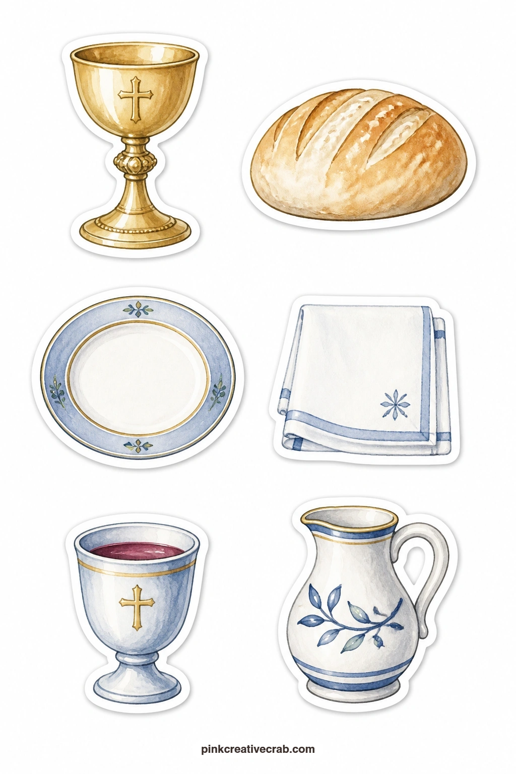 Communion Stickers printable page — Six communion pieces fill this sheet: a chalice, a loaf of bread, a plate, a folded linen cloth, a cup of wine and a