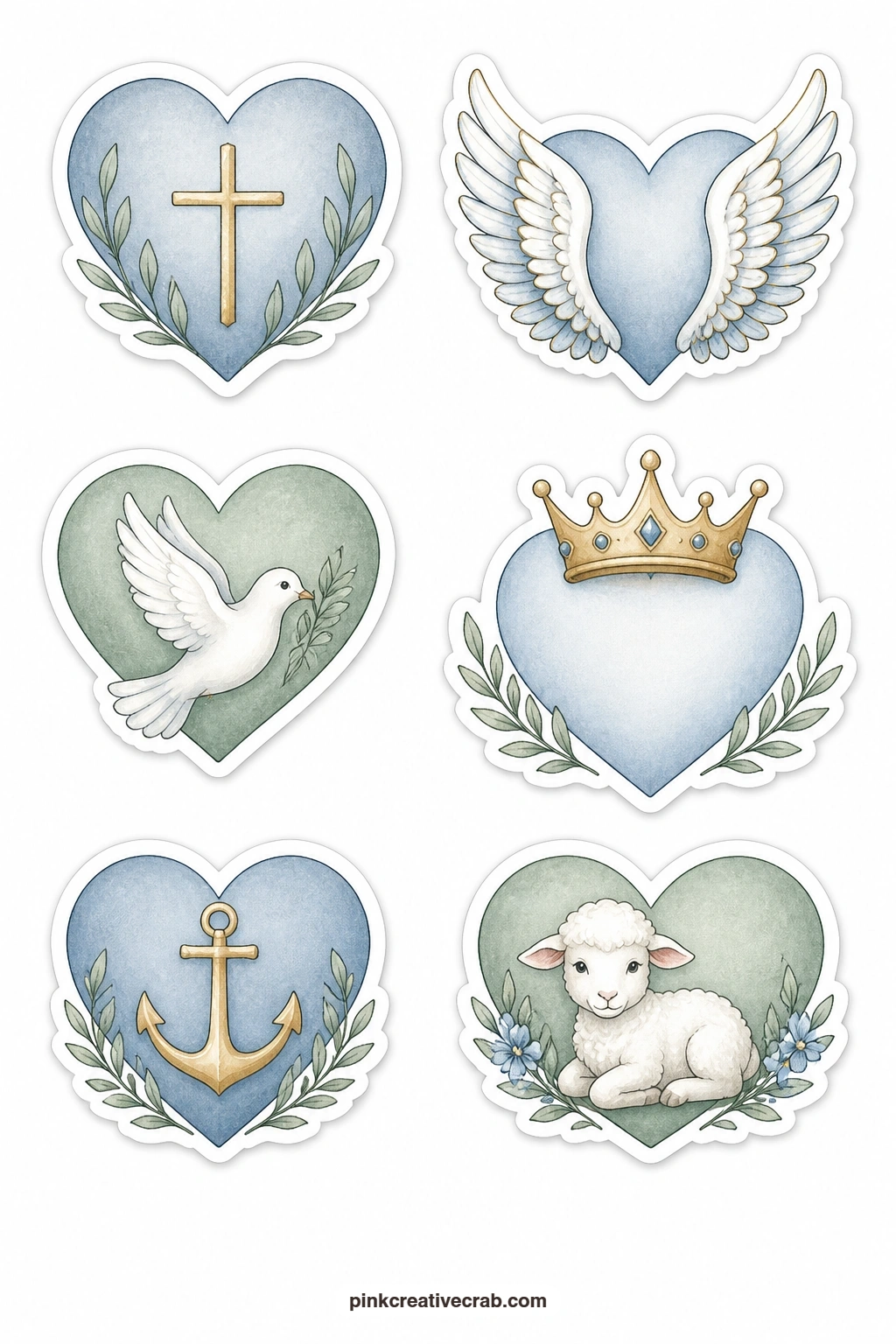 Hearts And Faith Stickers printable page — Six hearts carry small faith symbols on this sheet: a heart with a cross, a heart with wings, a heart with a dove, a