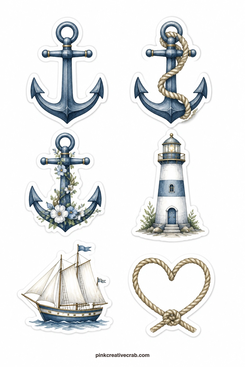 Anchor And Hope Stickers printable page — Six anchors and sea pieces sit together here: a plain anchor, an anchor wrapped in rope, an anchor twined with