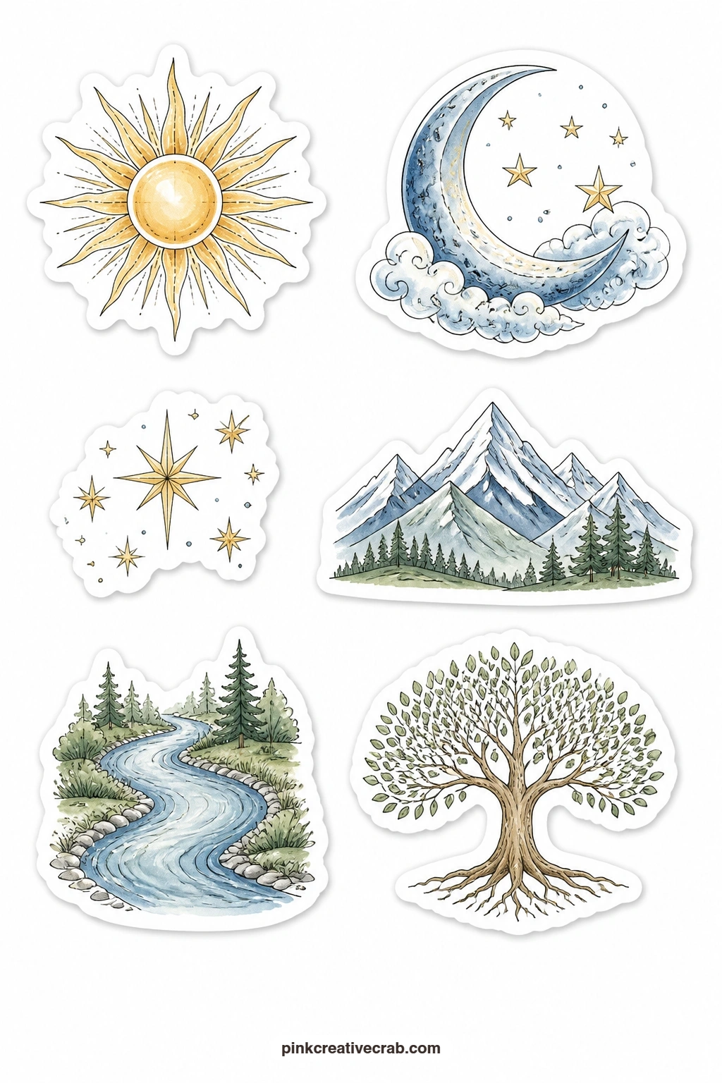 Creation Stickers printable page — Six sky and land pieces appear on this sheet: a sun, a moon, a small cluster of stars, a mountain range, a winding river and