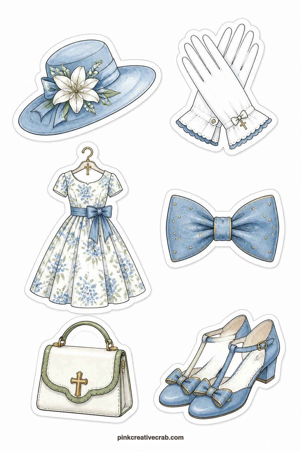 Sunday Best Stickers printable page — Six small dress up pieces fill this sheet: a church hat, a pair of gloves, a Sunday dress, a bow tie, a small handbag and