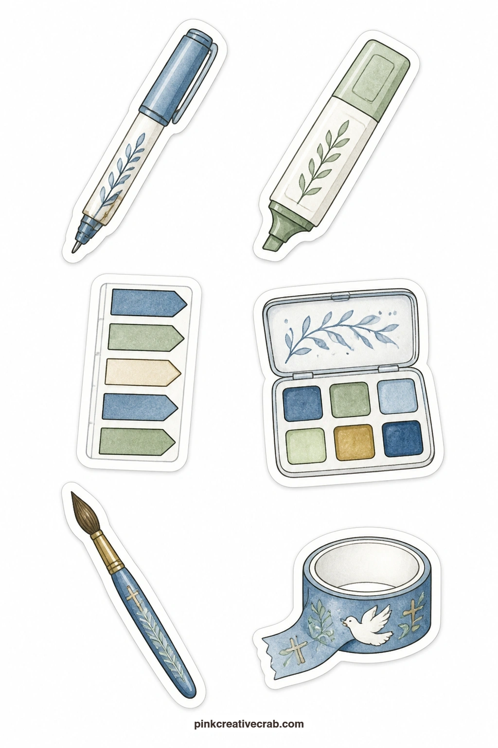 Bible Journaling Tool Stickers printable page — Six small tools sit on this sheet: a fine pen, a highlighter, a set of tabs, a watercolor palette, a brush and