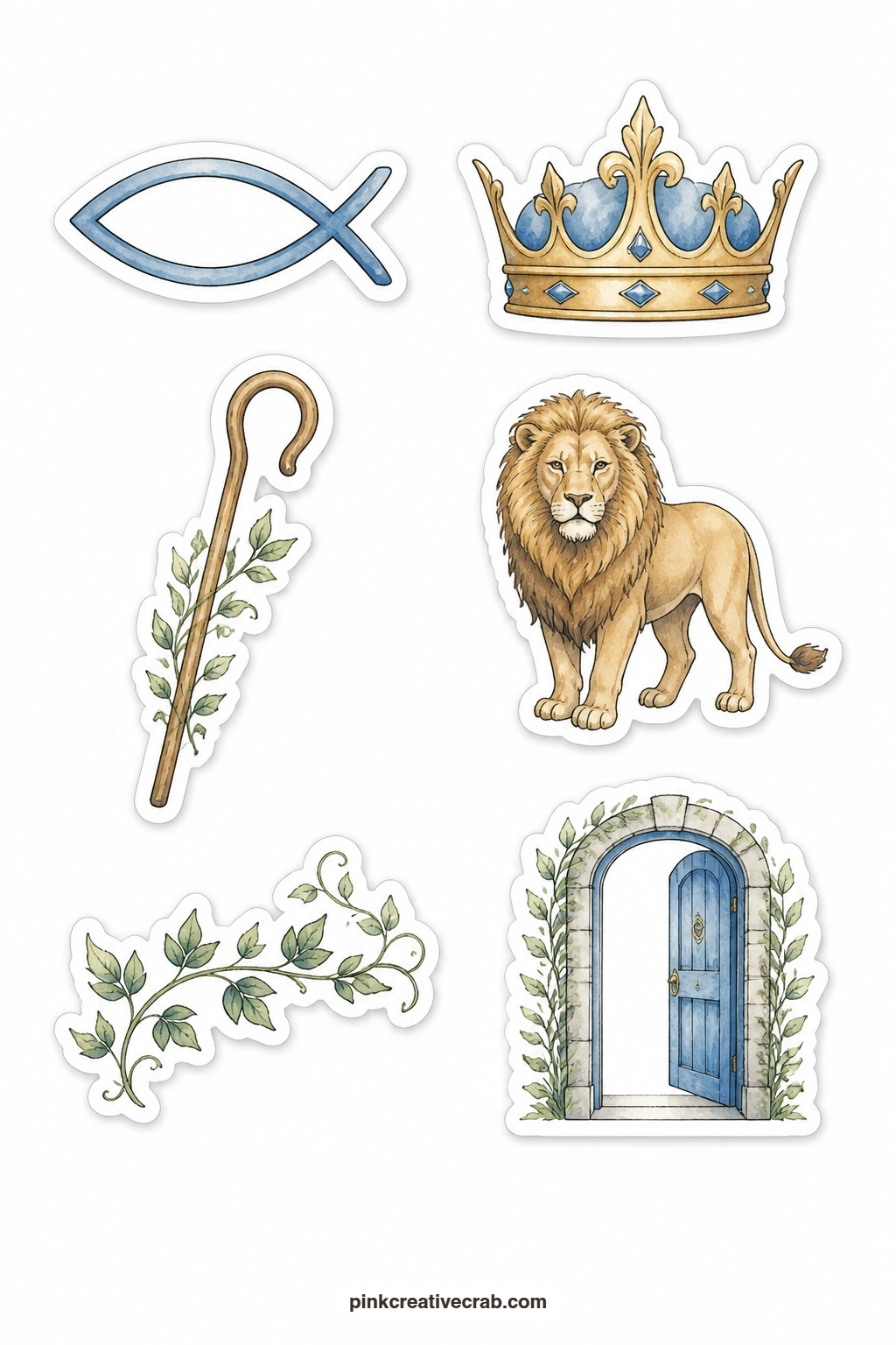 Symbols Of Jesus Stickers printable page — Six symbols share this sheet: a fish symbol, a crown, a shepherd's staff, a lion, a trailing vine and an open door
