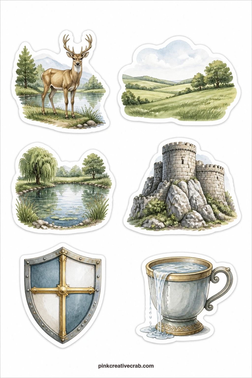 Psalm Picture Stickers printable page — Six calm scenes fill this sheet: a deer standing by water, a stretch of green pasture, a still pond, a rock fortress, a